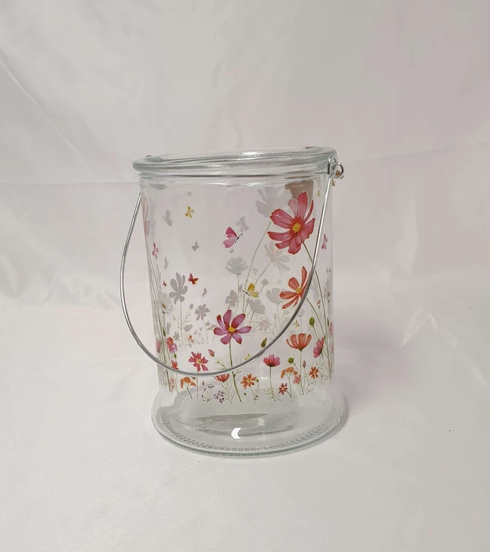 Windlicht Glas klar Kerzenhalter mit Henkel Blumenwiese Blümchen Schmetterling Höhe 17 cm