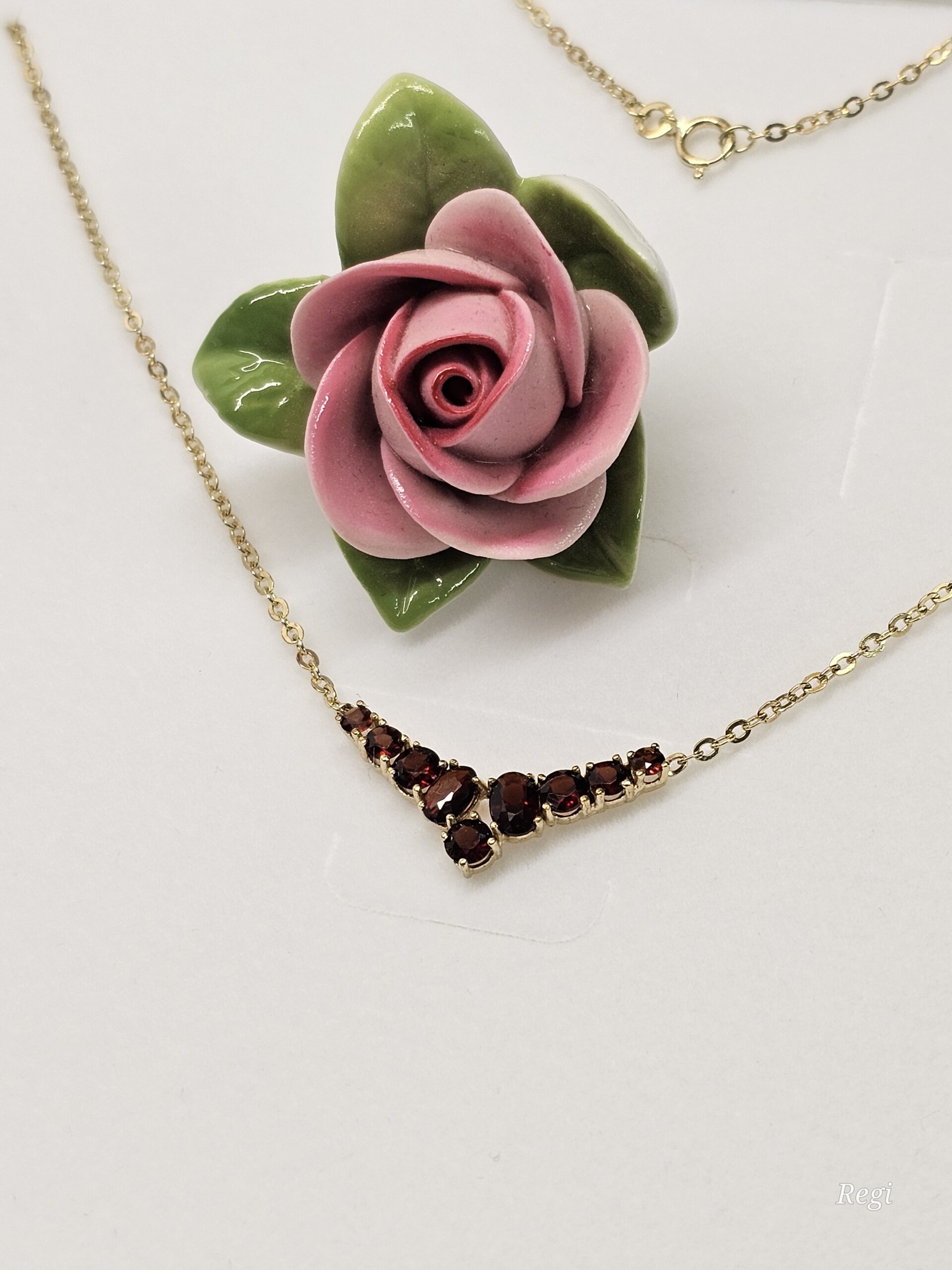 39 cm Nostalgische Gliederkatte Ankerkette Halskette Collier Kette Gold 333 Granat Vintage elegant GK149