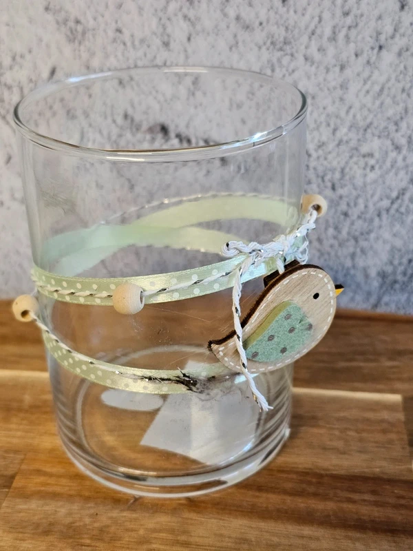 Windlicht Glas klar Kerzenhalter Teelichthalter Vogel Vögelchen Herzchen Höhe 13 cm
