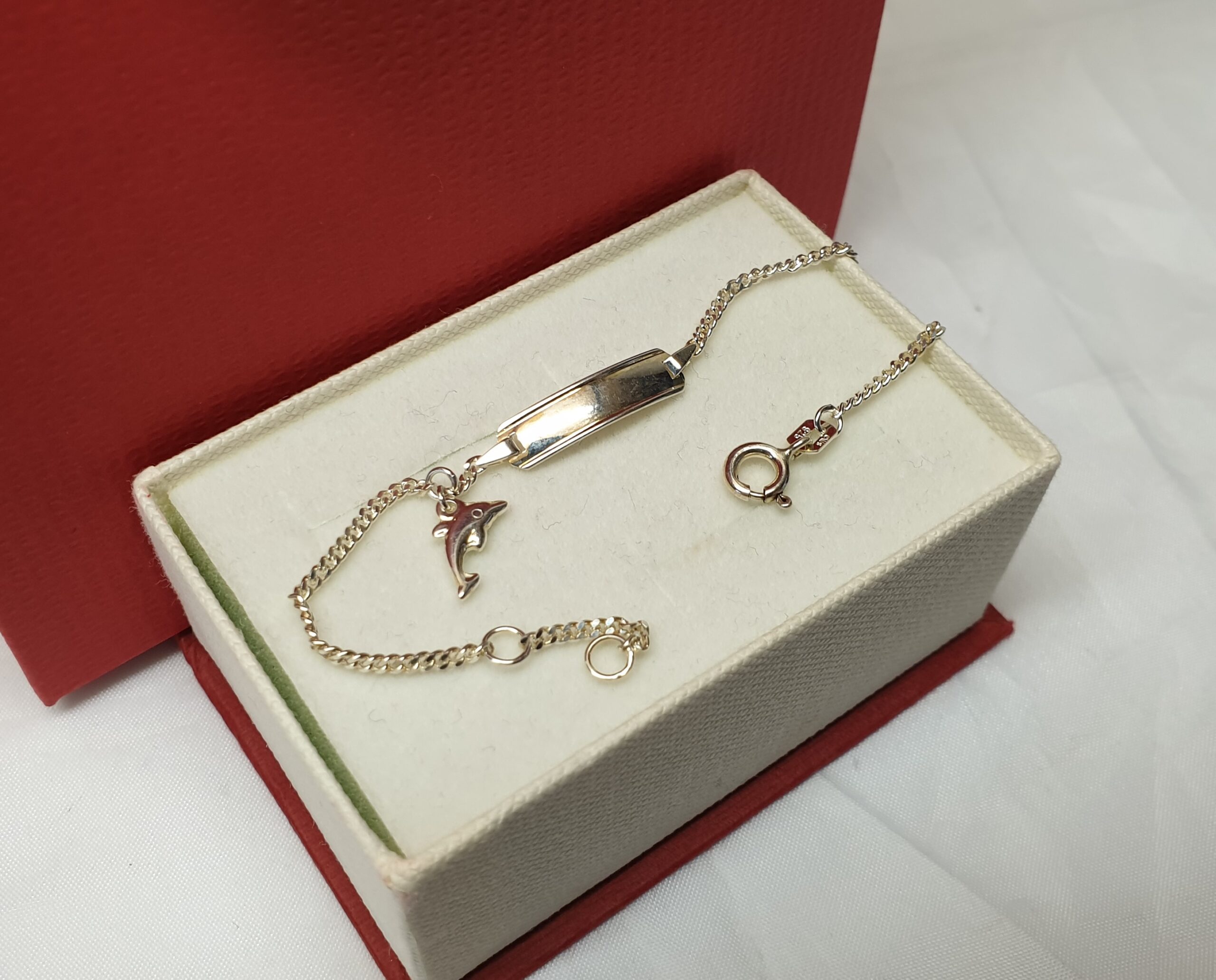 14 / 15,5 cm Armband mit Gravurplatte und Anhänger Charm Delphin Silber 925 Vintage SA635
