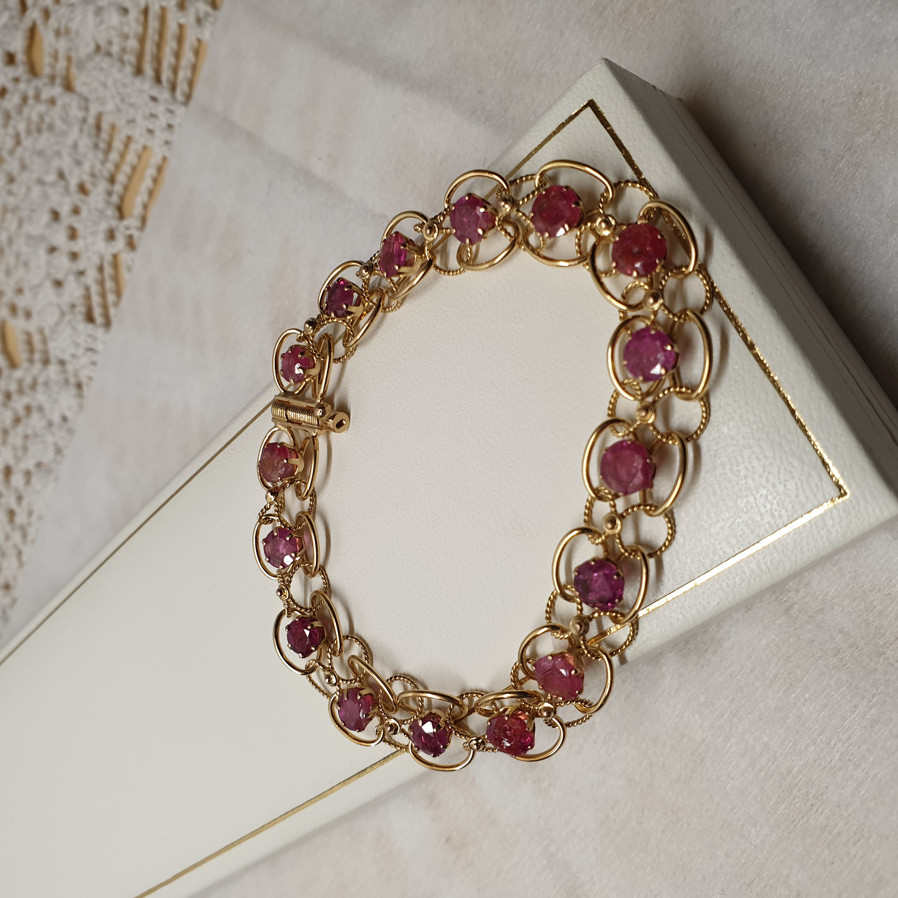 19 cm Armband Gliederarmband Gold 14 k 585 Rubine Goldschmiede kunstvoll Vintage elegant GA109