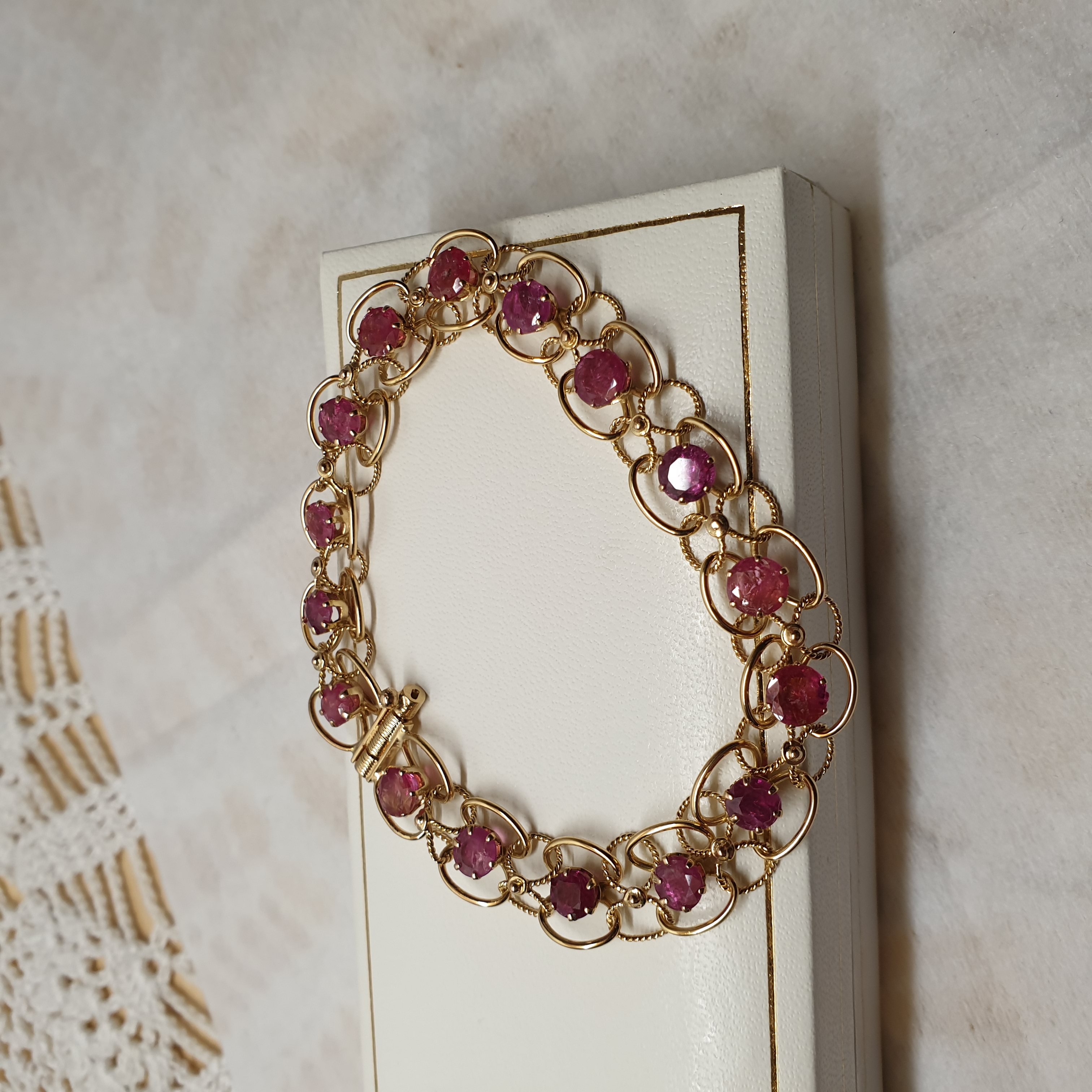 19 cm Armband Gliederarmband Gold 14 k 585 Rubine Goldschmiede kunstvoll Vintage elegant GA109