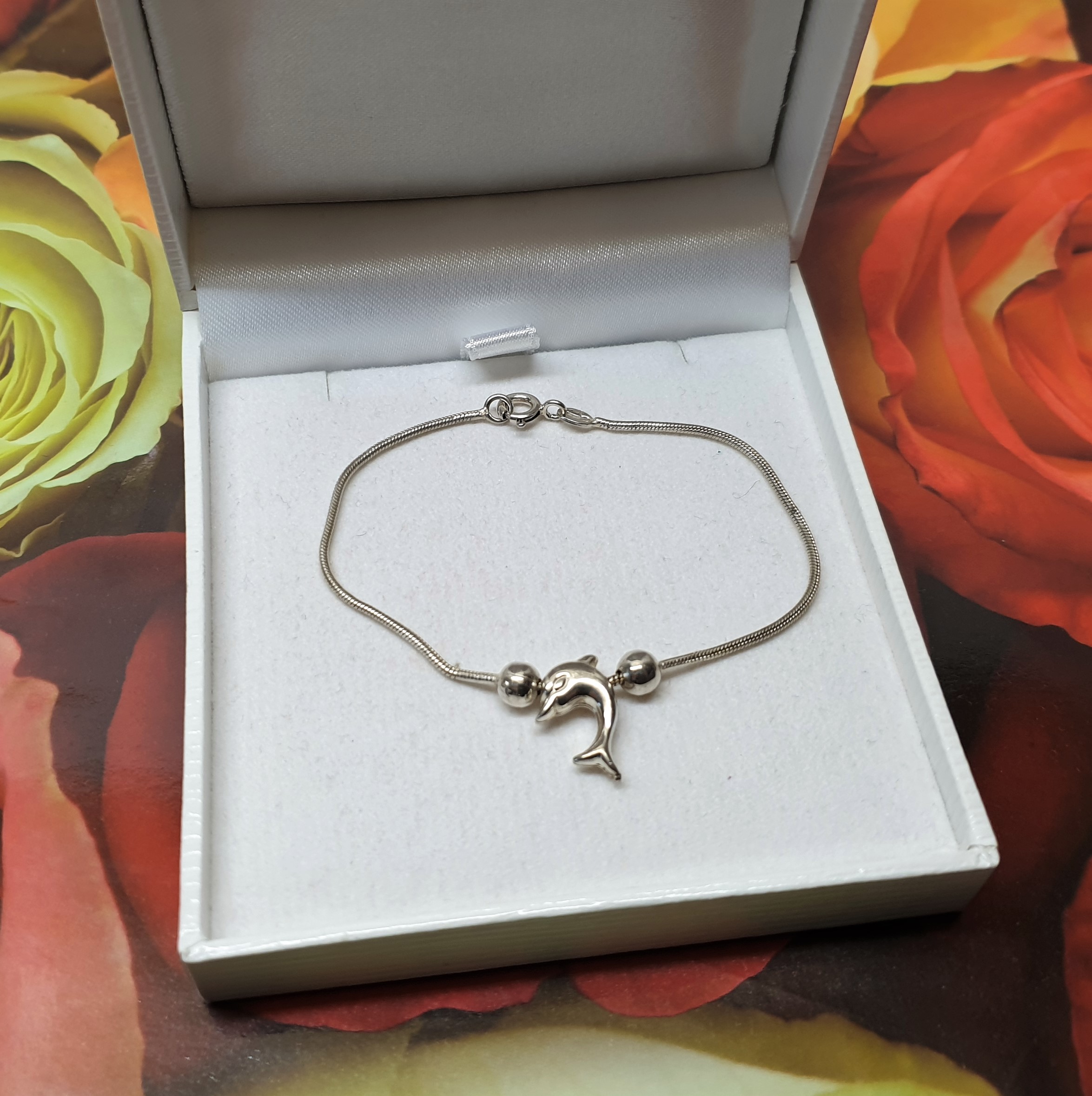 16,5 cm Schlangenarmband Armband Silber 925 Anhänger Delphin Kugeln Vintage SA506