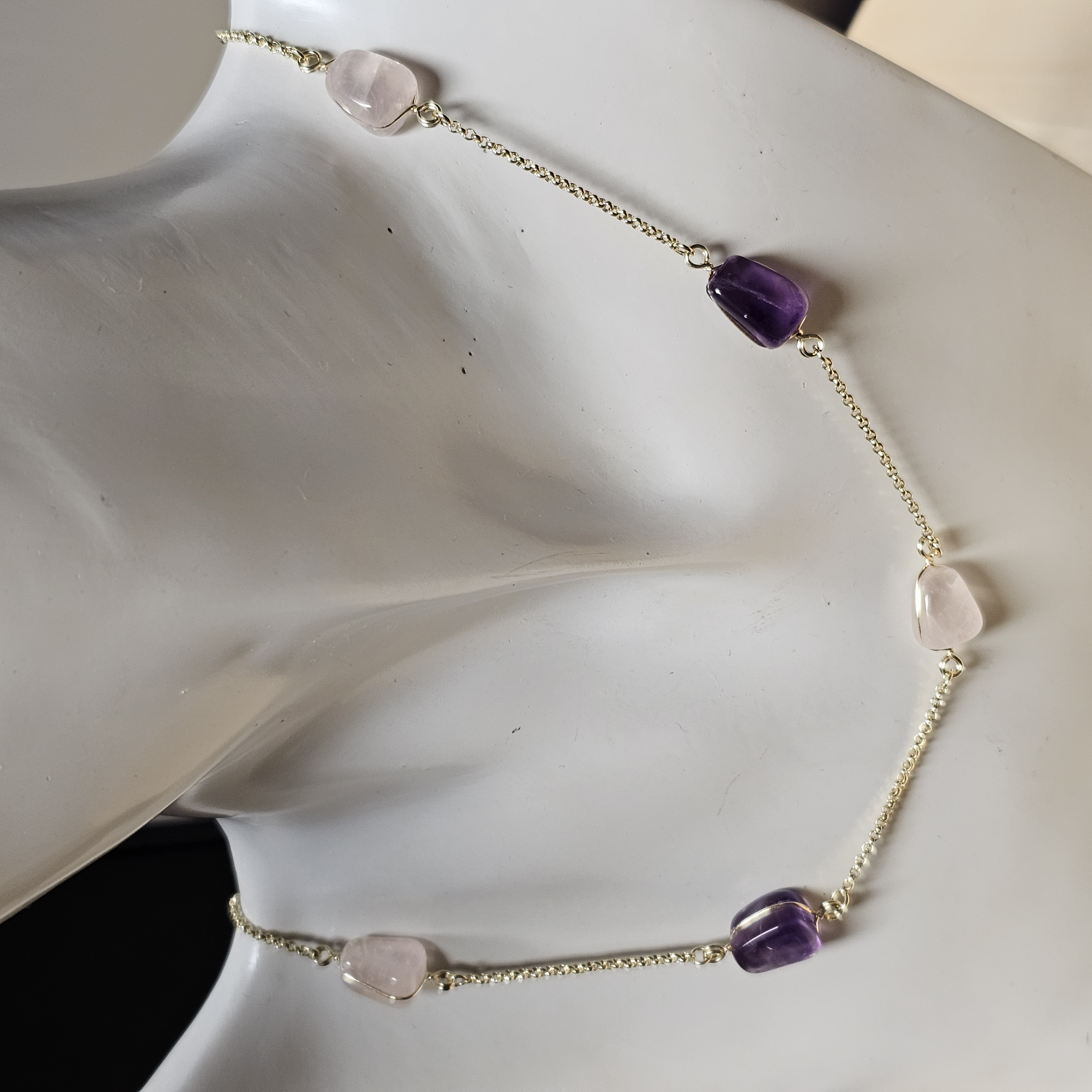 62 cm Kette Gliederkette Rosenquarz & Amethyst American Doublé vergoldet Vintage Design elegant MK116