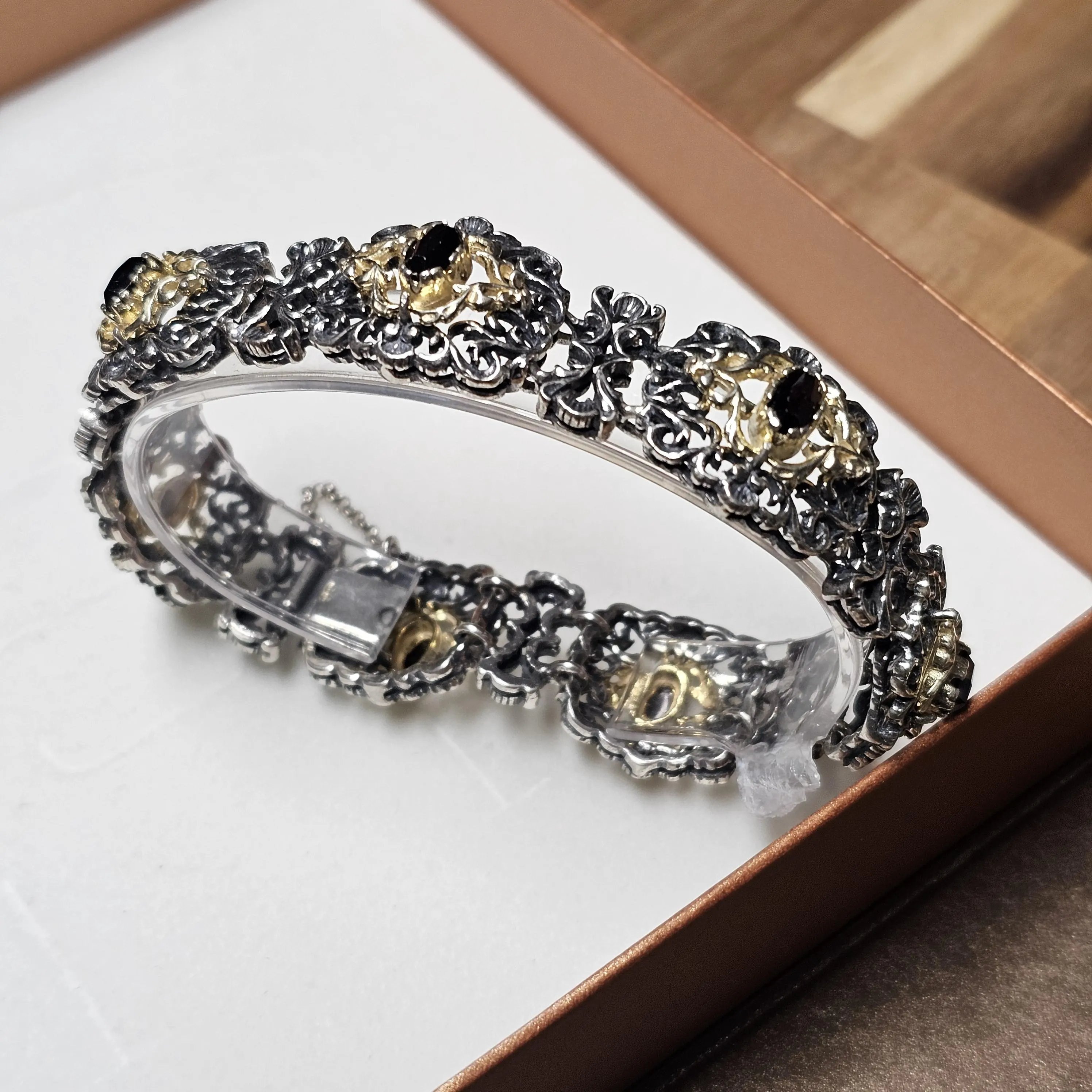 20,5 cm Nostalgisches Vintage Armband Gliederarmband Silber 835 teilvergoldet Granat Shabby Vintage SA324