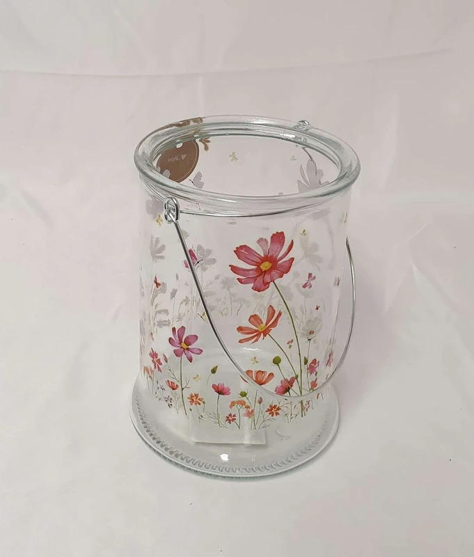 Windlicht Glas klar Kerzenhalter mit Henkel Blumenwiese Blümchen Schmetterling Höhe 17 cm