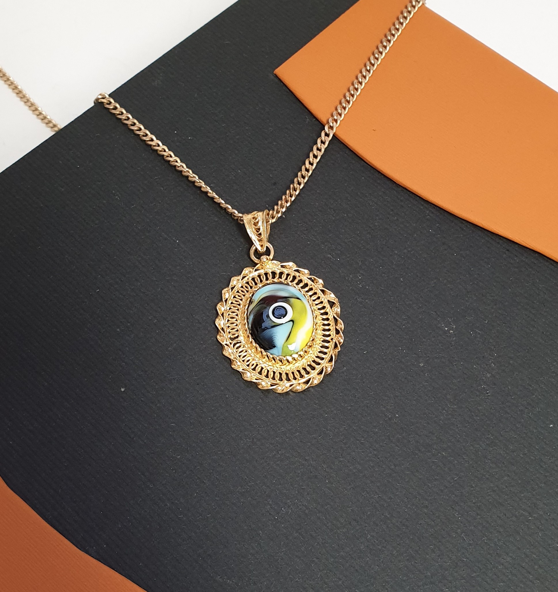 Anhänger Charm Silber 925 vergoldet Auge Emaille bunt filigran Vintage elegant selten rar SKA127