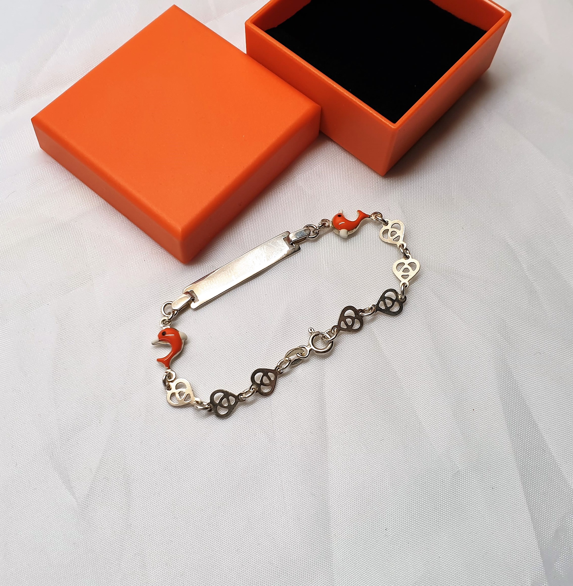 15 cm Kinder Armband Gliederarmband Silber 925 Emaille Delphin Herzen mit Gravurplatte SA485