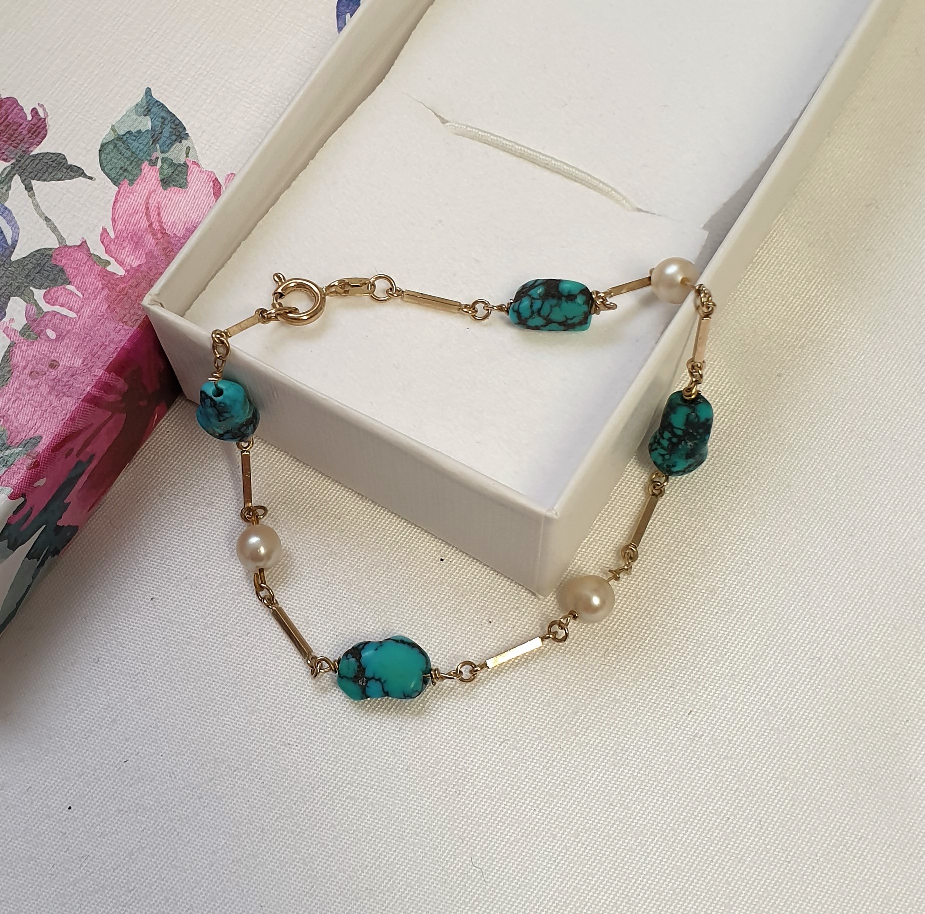 19,5 cm Gliederarmband Armband Gold 333 Türkis Stein & Perlen edles Design Shabby Vintage GA101