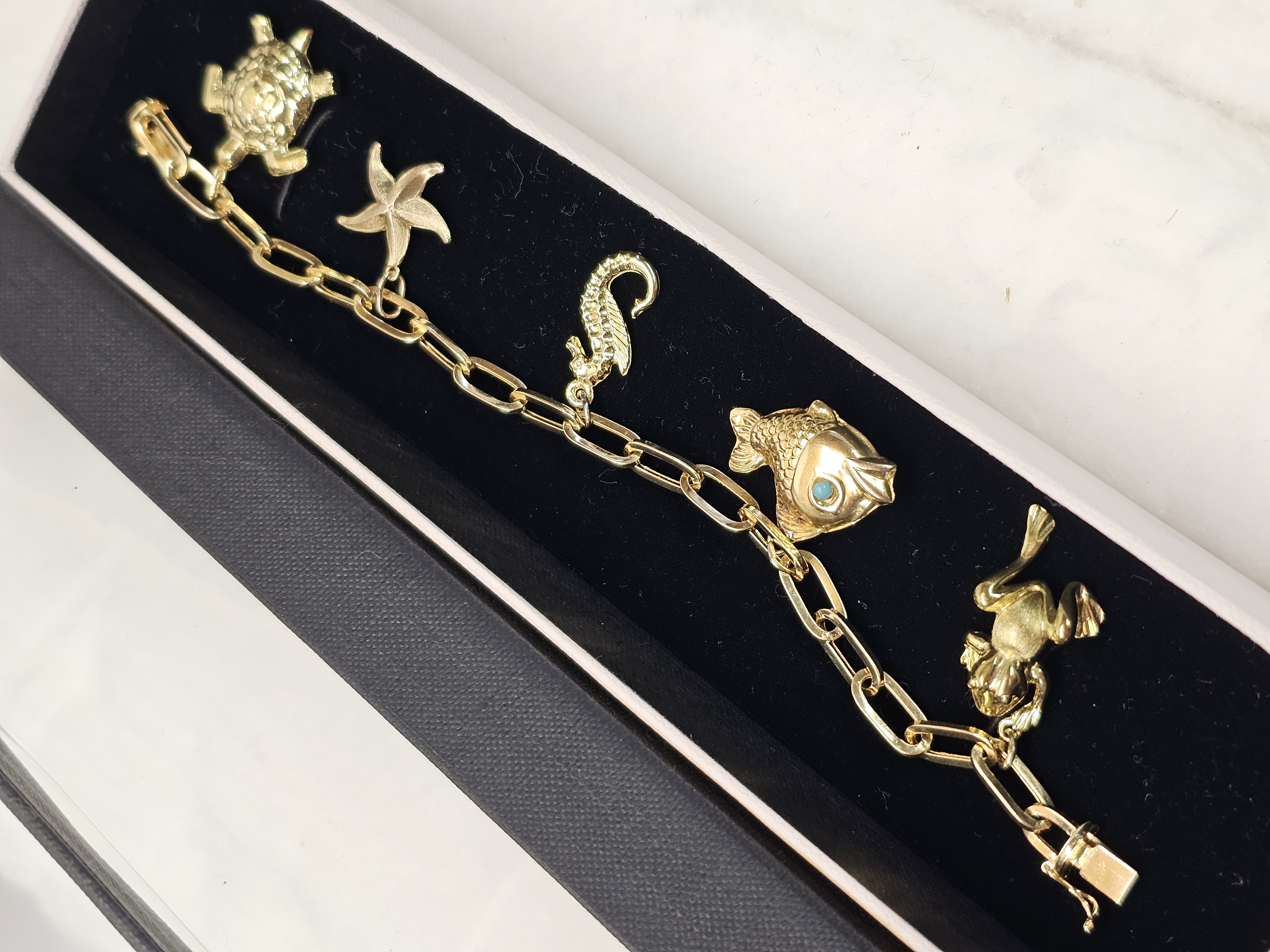 19 cm Armband Gliederarmband Bettelarmband Gold Anhänger Charms Gold Achat Schildkröte Fisch Frosch Seestern Seepferdchen Vintage GA123