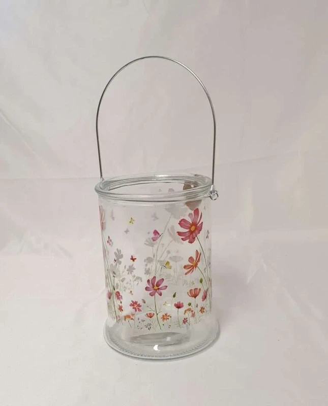 Windlicht Glas klar Kerzenhalter mit Henkel Blumenwiese Blümchen Schmetterling Höhe 17 cm