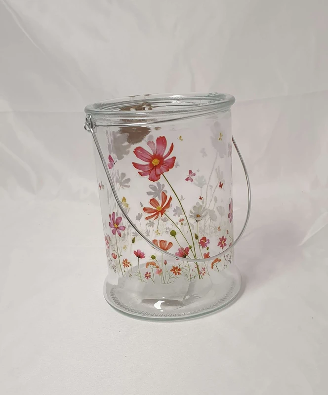 Windlicht Glas klar Kerzenhalter mit Henkel Blumenwiese Blümchen Schmetterling Höhe 17 cm
