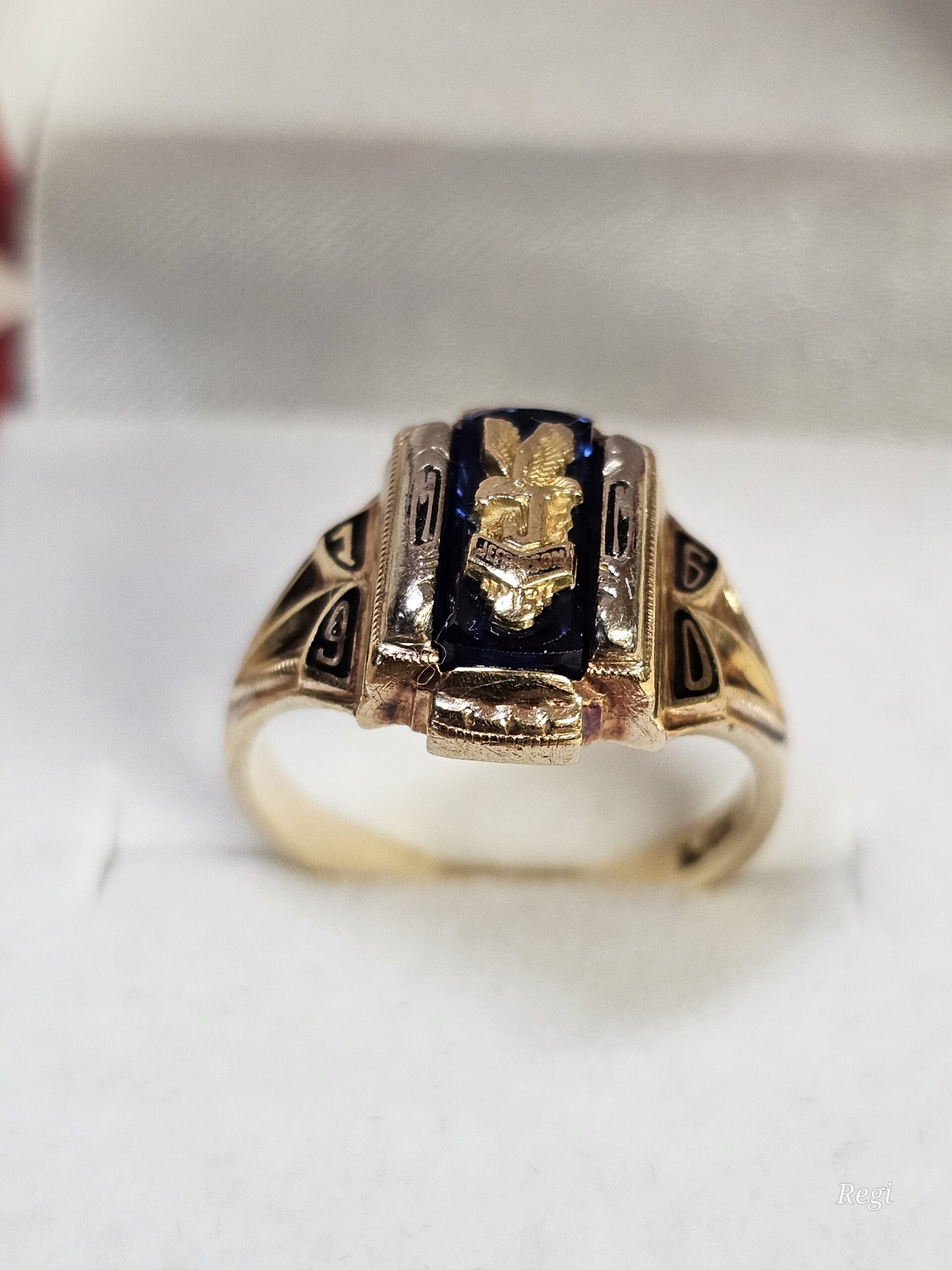 16,5 mm Goldring Ring Gold 10 k Farbstein blau High School aus dem Jahr 1960 American Eagle Adler Vintage selten rar GR335