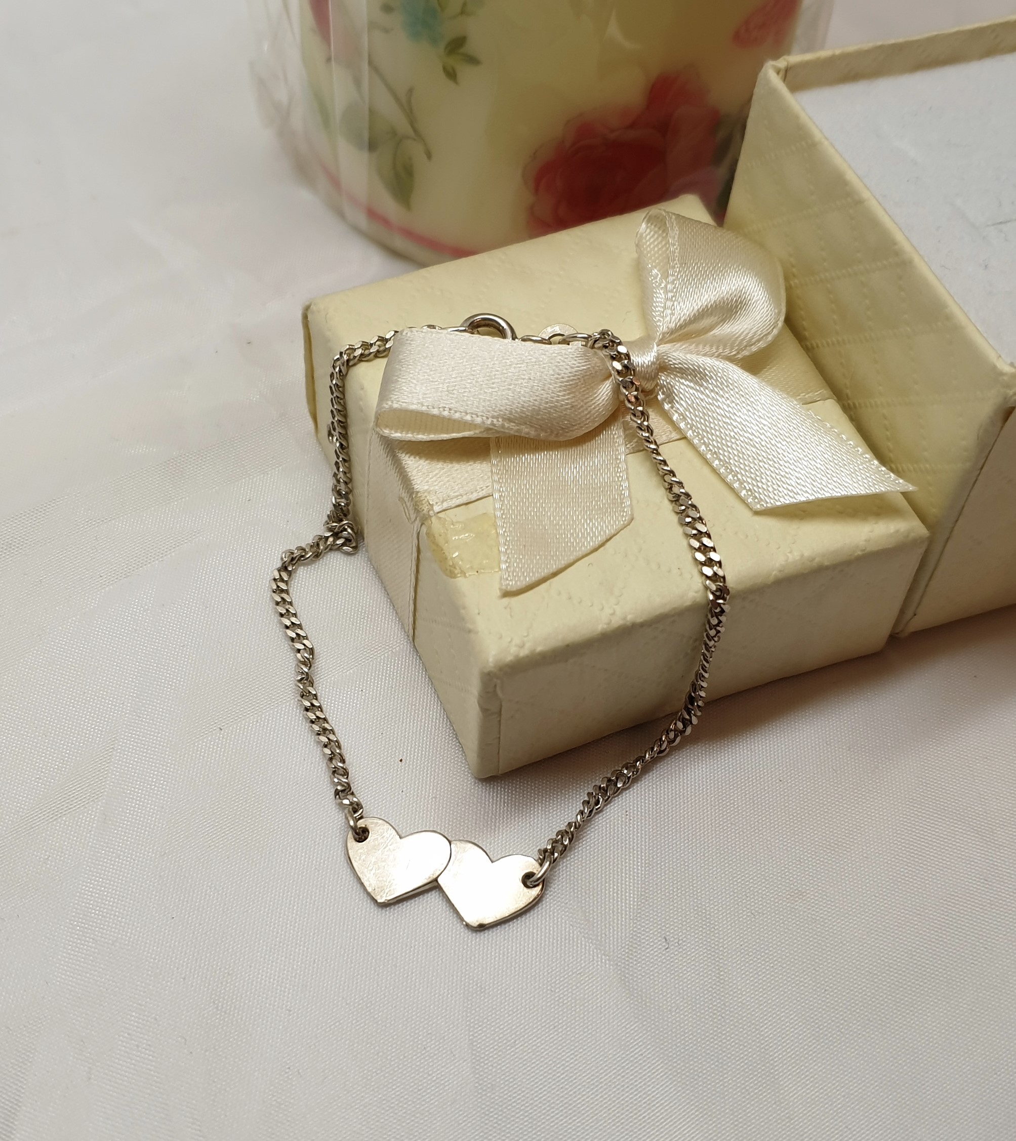 16,5 / 19 cm Armband Panzerarmband Doppelherz Herz Silber 835 Vintage SA514