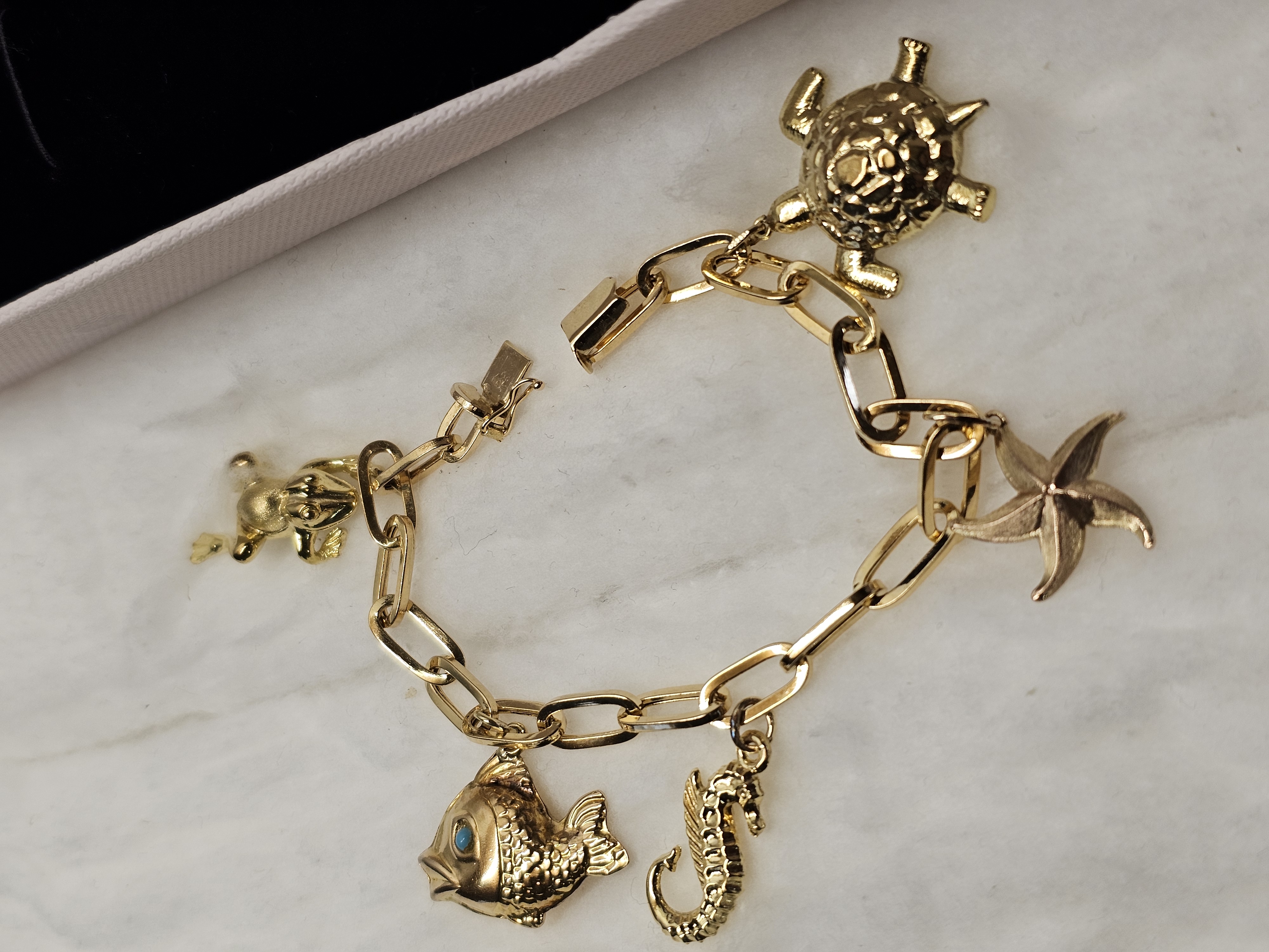19 cm Armband Gliederarmband Bettelarmband Gold Anhänger Charms Gold Achat Schildkröte Fisch Frosch Seestern Seepferdchen Vintage GA123