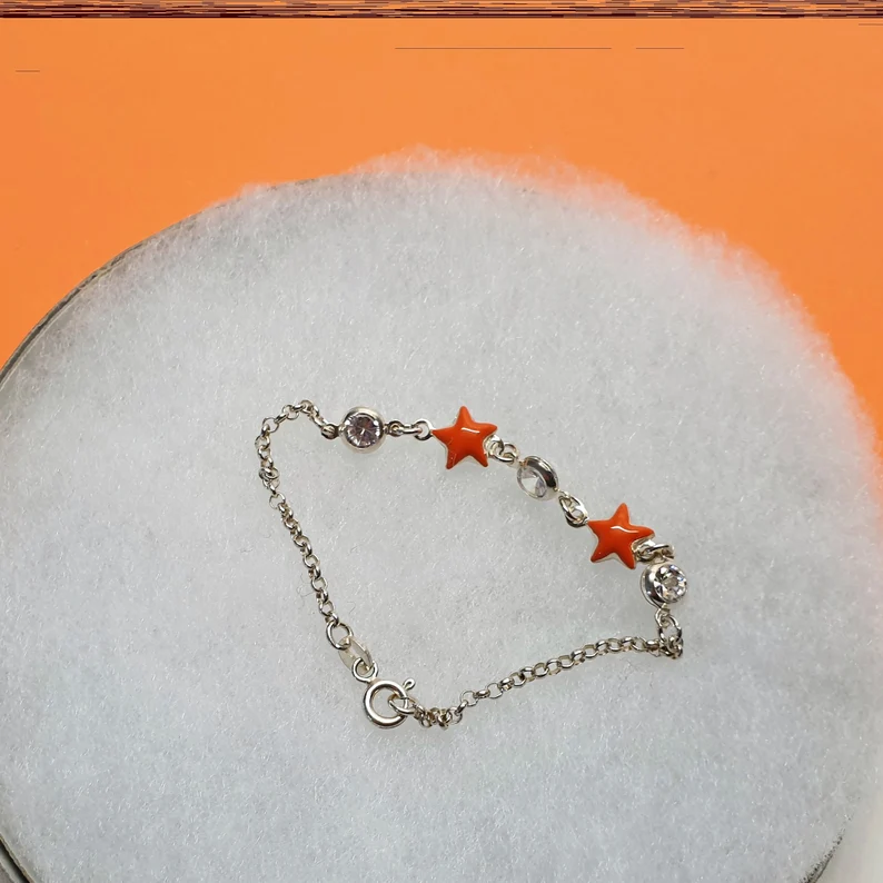 15 cm Kinder Armband Armbändchen Design Ankerkette Silber 925 Kristalle klar Sterne Emaille rot Vintage SA421