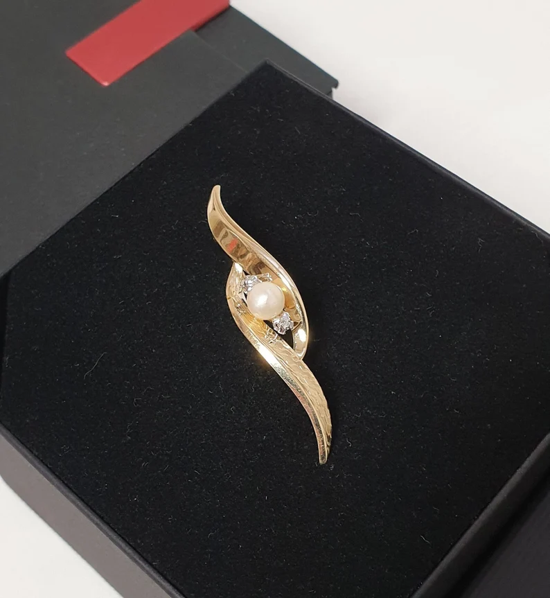 Edle Brosche Anstecknadel Gold 585 Perle & Moissanite Shabby Vintage GB101
