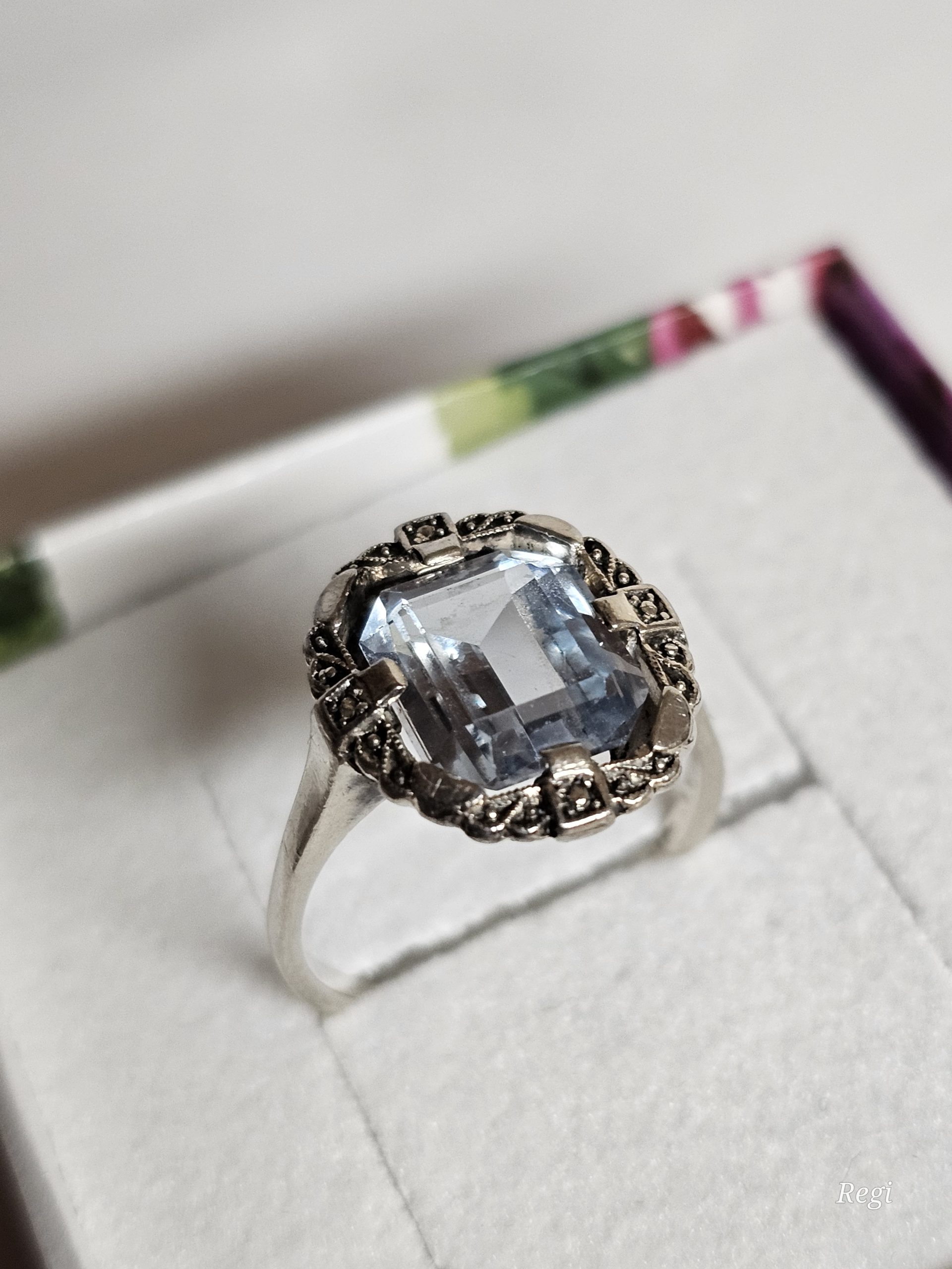 16,2 mm Jugendstil Ring Silber 935 Topas Blautopas & Markasiten antik selten Design Shabby Vintage elegant SR1582