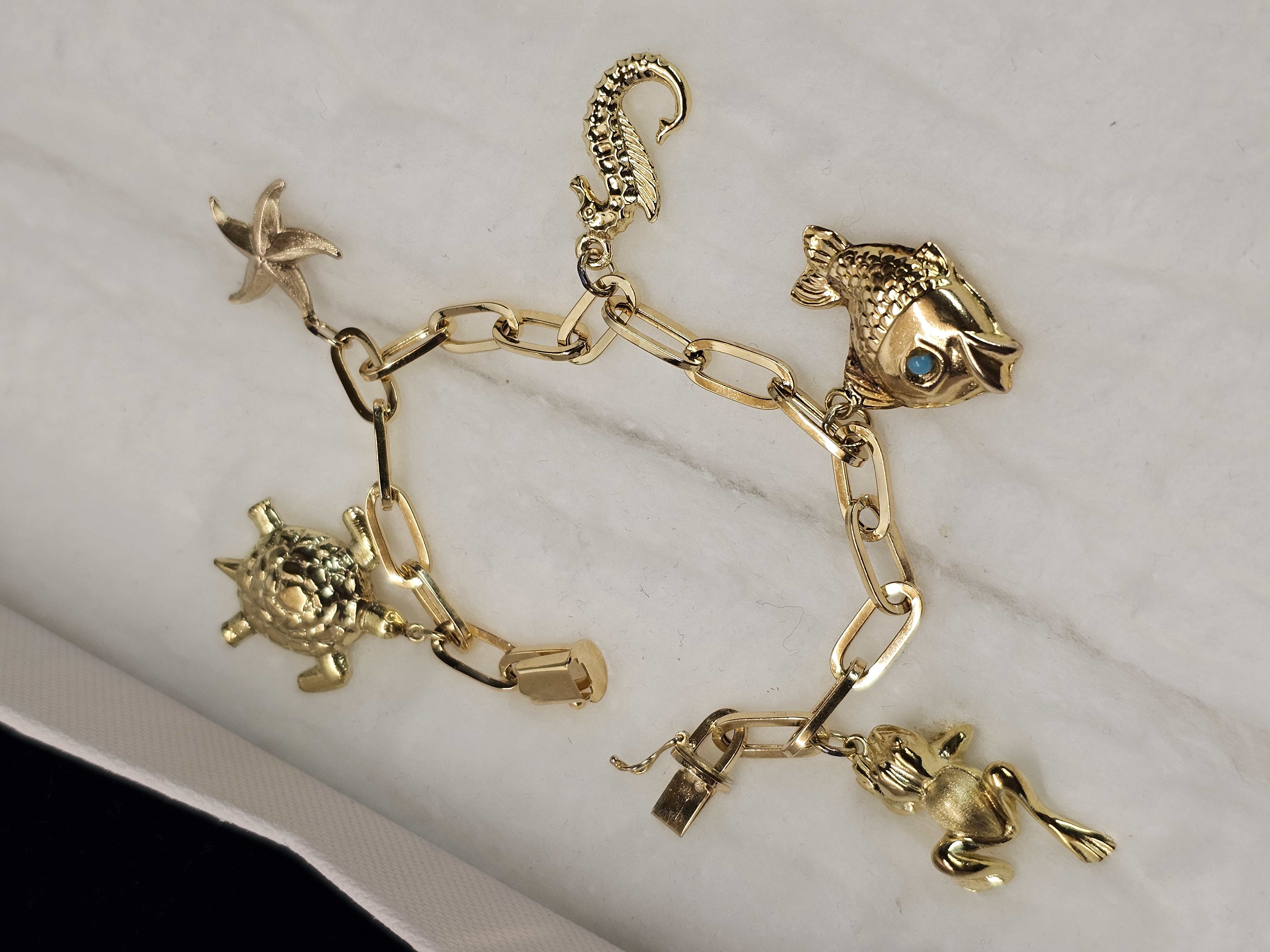 19 cm Armband Gliederarmband Bettelarmband Gold Anhänger Charms Gold Achat Schildkröte Fisch Frosch Seestern Seepferdchen Vintage GA123