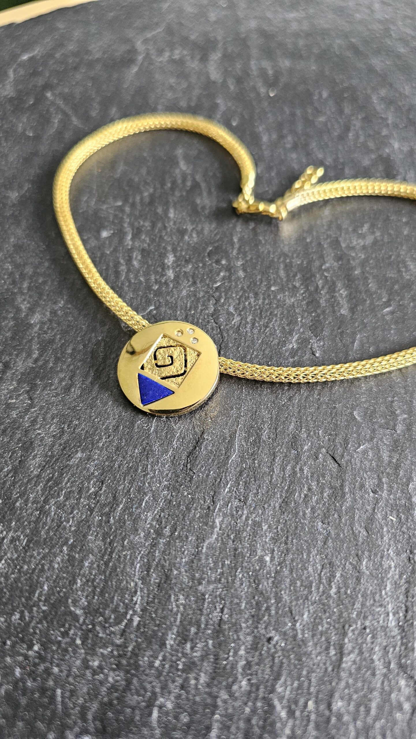 38 - 41,5 cm Kette Goldkette gewebtes Design mit Anhänger Gold 375 Lapislazuli & Diamant Steinchen Vintage Design extravagant elegant GK137