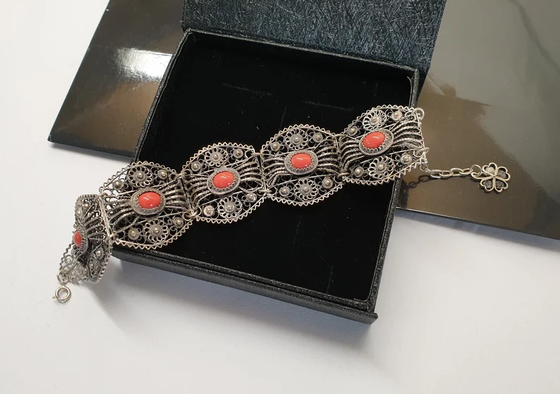 17 - 20 cm Gliederarmband Armband filigran Silber Karneol Shabby Vintage Silberschmiede Kunst SA296