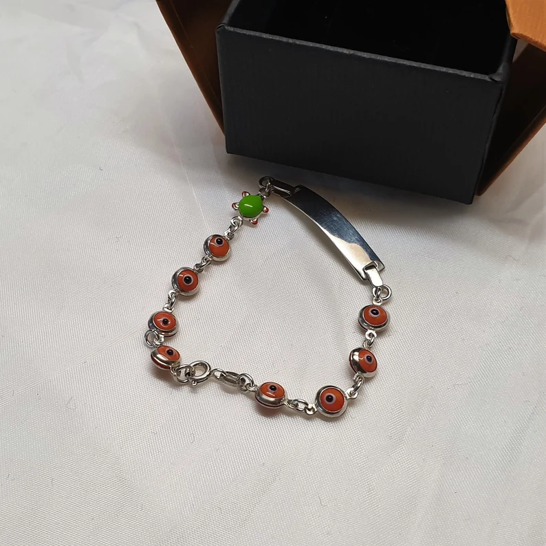 15 cm Kinder Armband Gliederarmband mit Gravurplatte Silber 925 Emaille Schildkröte Augen Vintage SA467