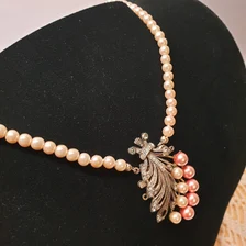 45 cm Halskette Kette Perlenkette Perlen cremefarben rosa rosé Verschluss Silber 835 Kristalle klar Shabby Vintage selten rar SK1466