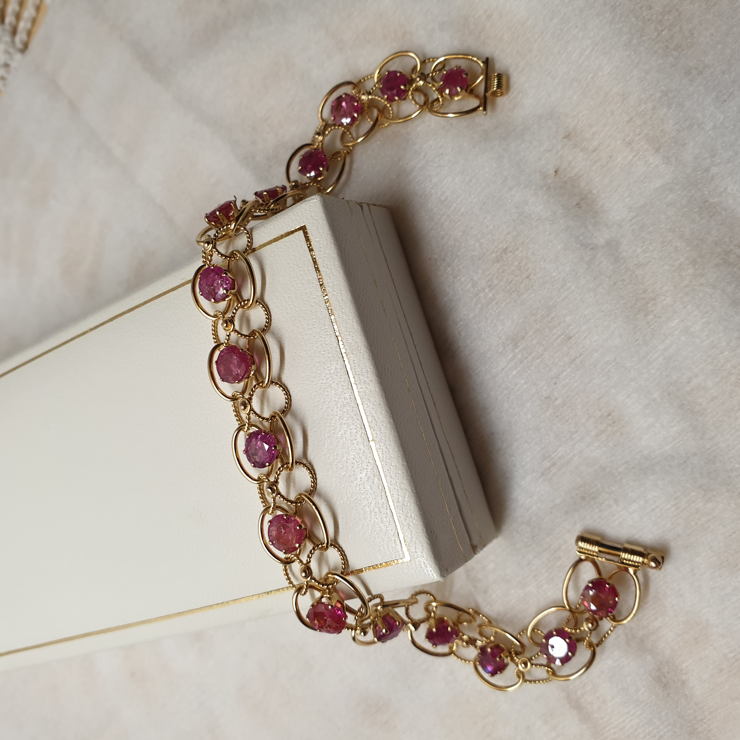 19 cm Armband Gliederarmband Gold 14 k 585 Rubine Goldschmiede kunstvoll Vintage elegant GA109