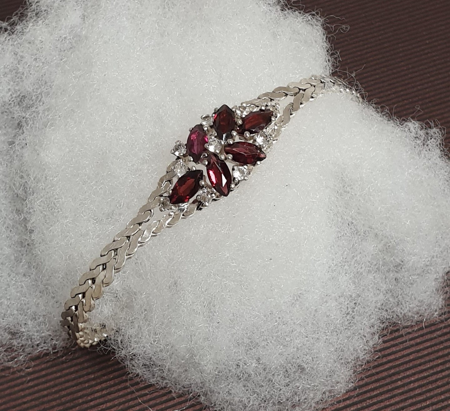 18,5 cm Vintage Schlangenarmband Armband Silber 835 Turmalin rosa rot & Kristalle klar Eleganz SA634