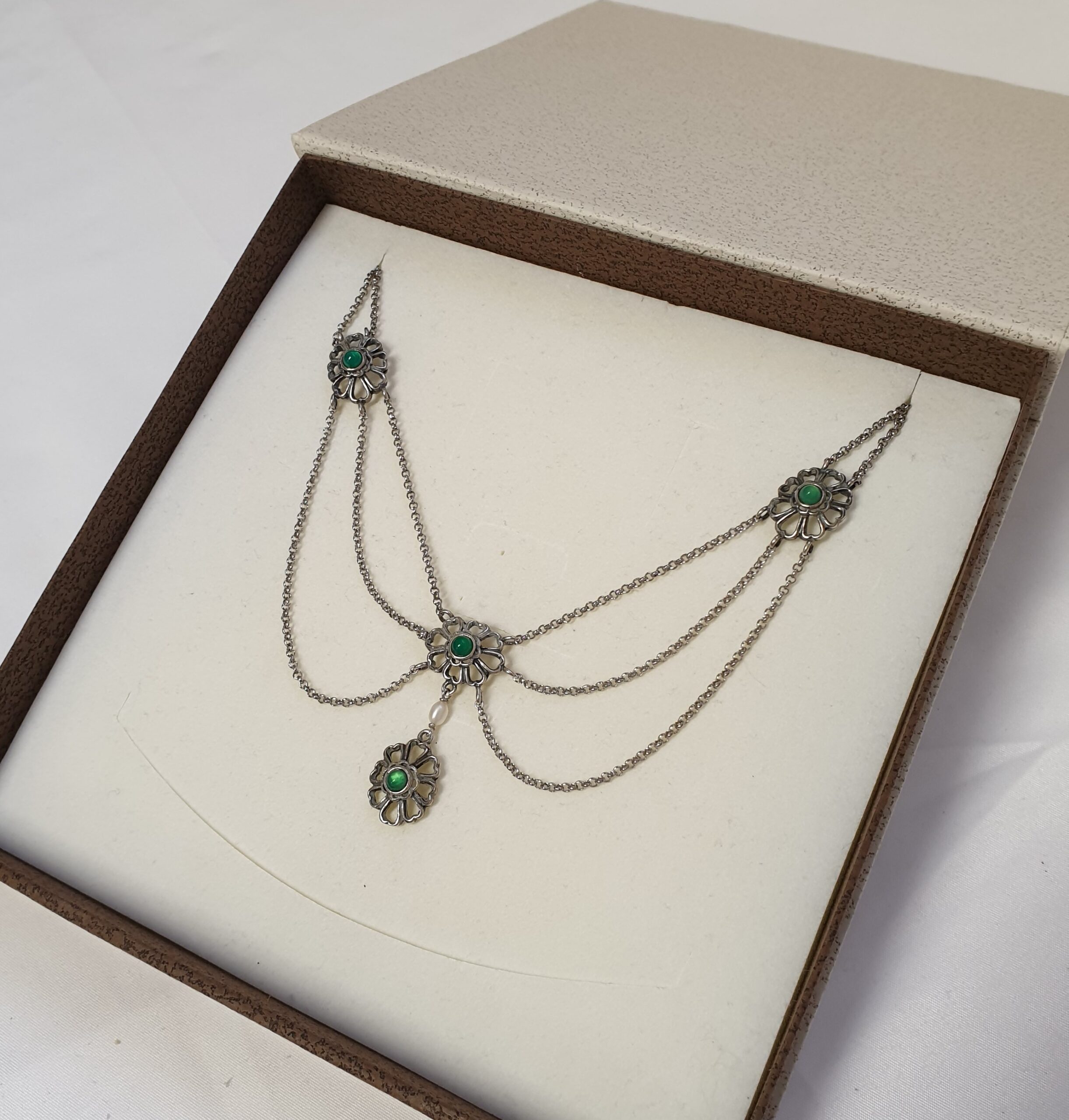 37 - 40 cm Nostalgische Kette Collier Halskette silberfarben Farbsteine grün Keshi Perle Silberschmiede Kunst Shabby Vintage SK1334