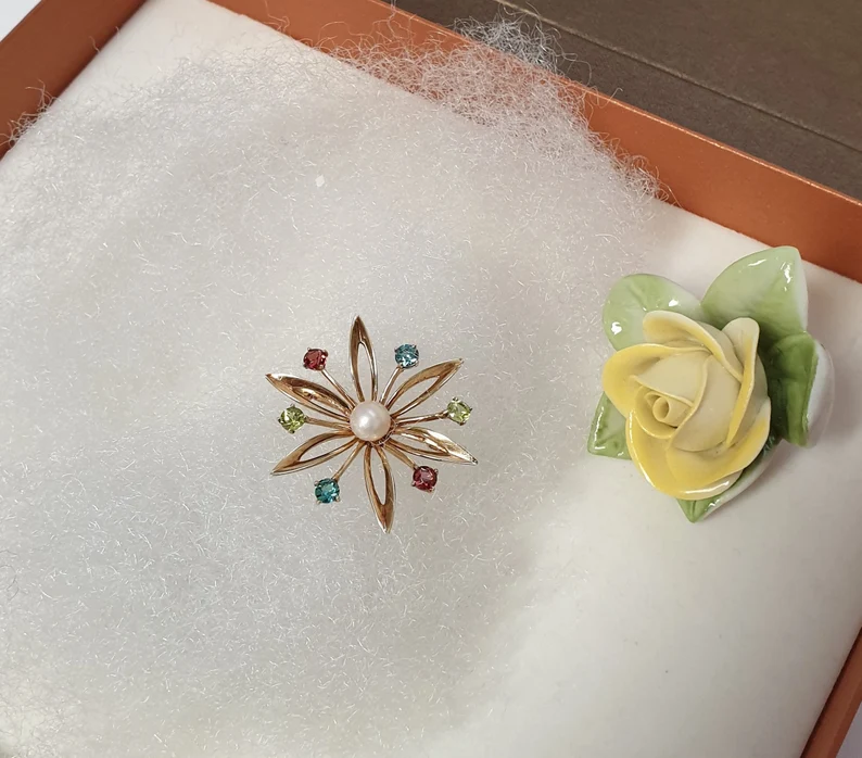 Goldschmiede Kunst Österreich Blume Stern Brosche Anstecknadel Goldbrosche Gold 585 Perle & Kristalle bunt Shabby Vintage elegant GB103
