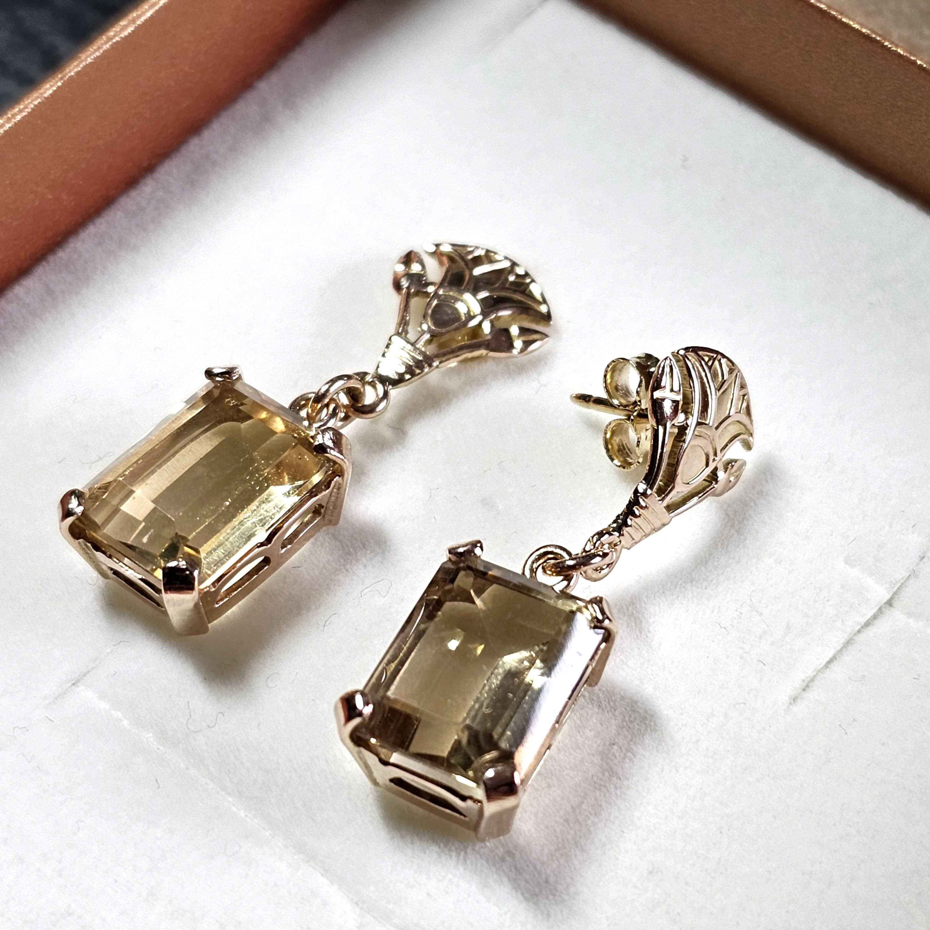 Nostalgische Hängeohrringe Ohrringe Ohrstecker lang Gold 585 Citrin Design Vintage elegant OR188