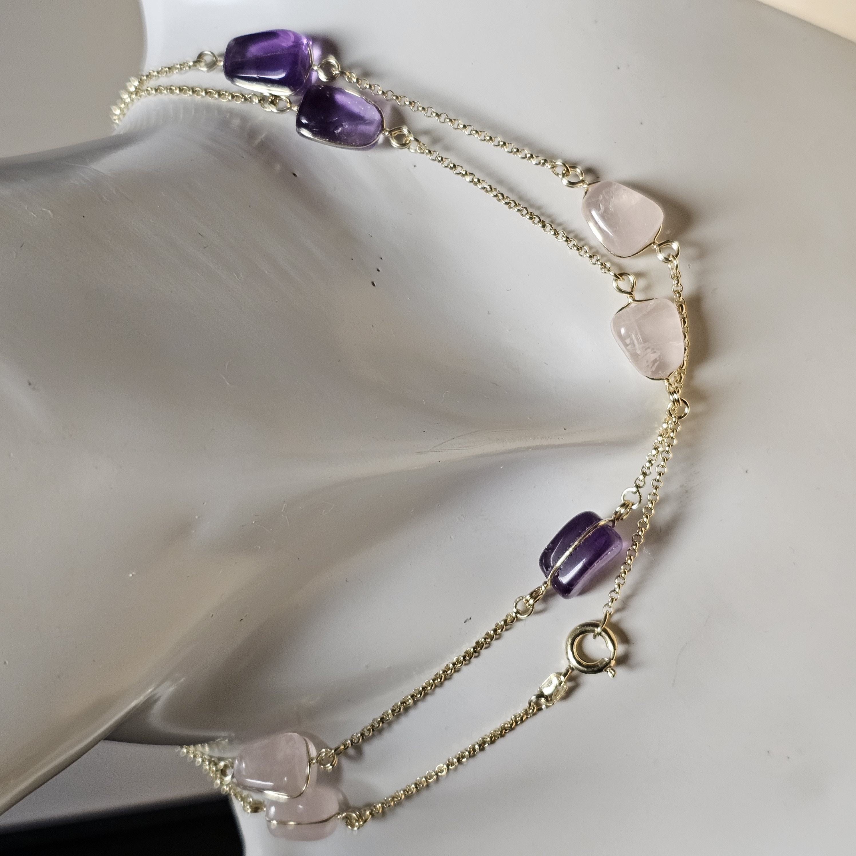62 cm Kette Gliederkette Rosenquarz & Amethyst American Doublé vergoldet Vintage Design elegant MK116