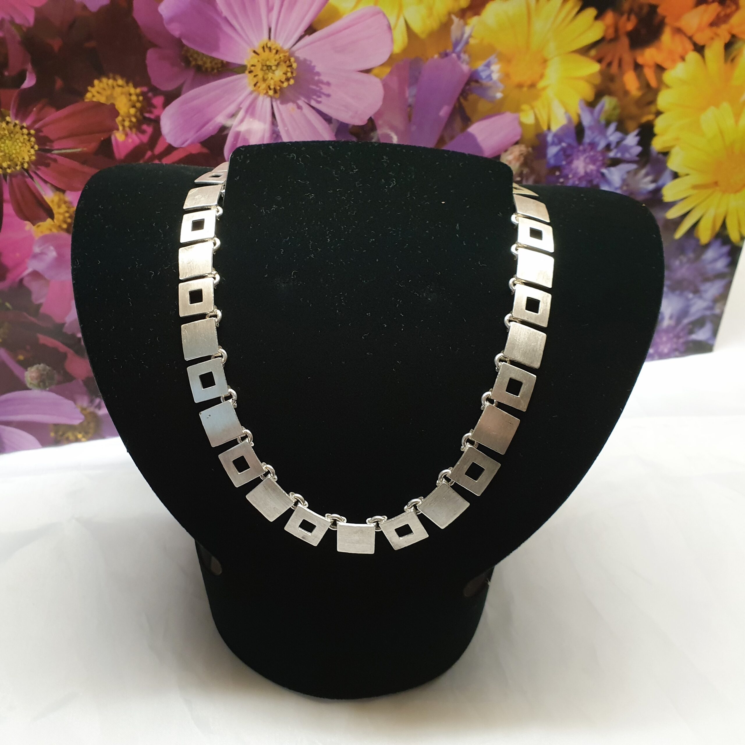 38,5 - 44,5 cm Halskette Gliederkette Silber 925 Quadrate teils durchbrochenes Design Vintage SK1369