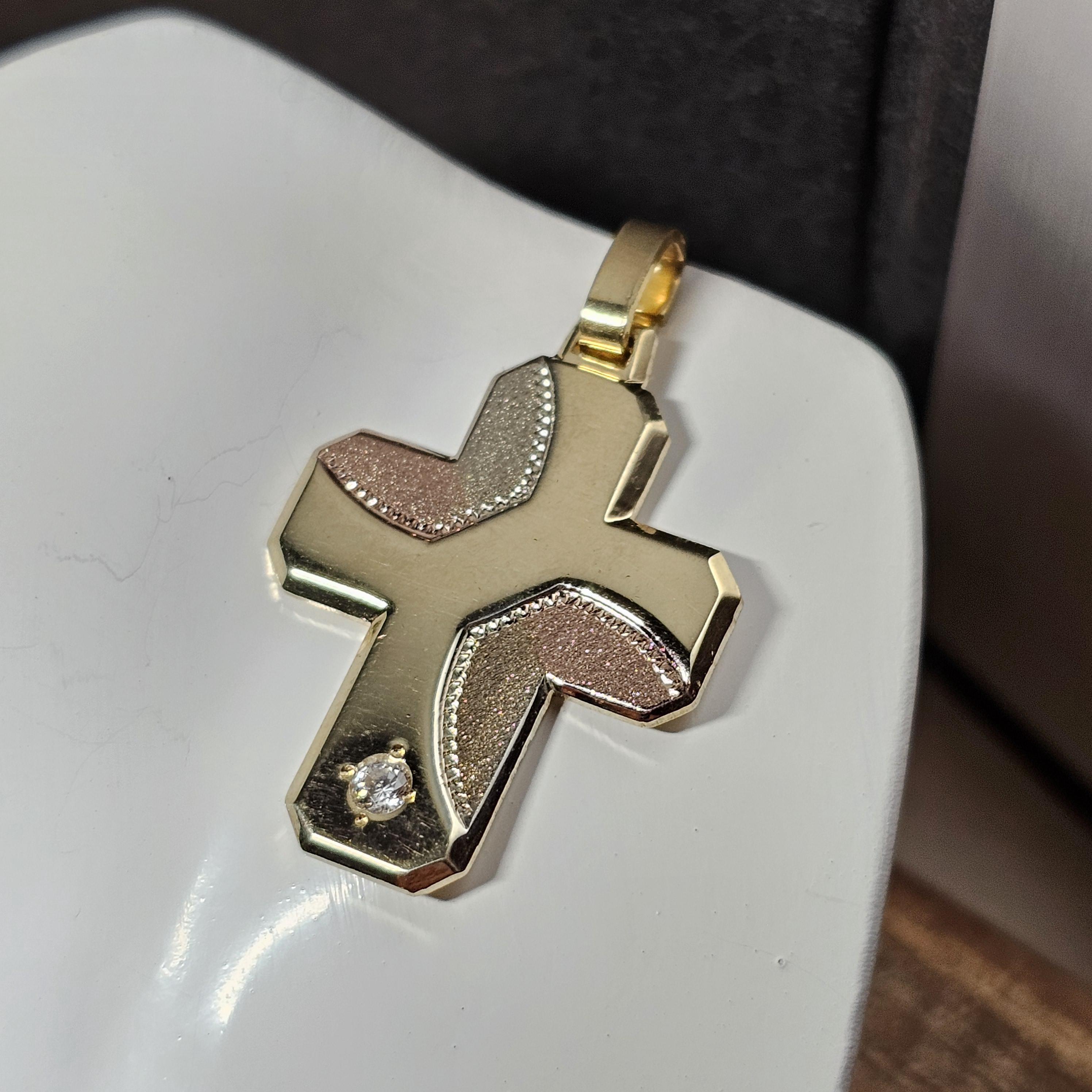 Anhänger Kreuzanhänger  - ohne Kette - Kreuz Gold 585 bicolor Gelbgold Rotgold Kristall klar Design Vintage elegant GAN259