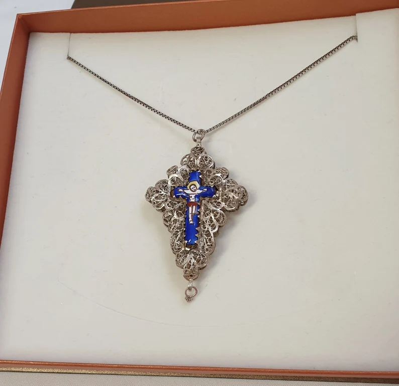 Anhänger antik filigran Kreuzanhänger für Rosenkranzkette Kreuz Silber Emaille bunt Shabby Vintage SKA951