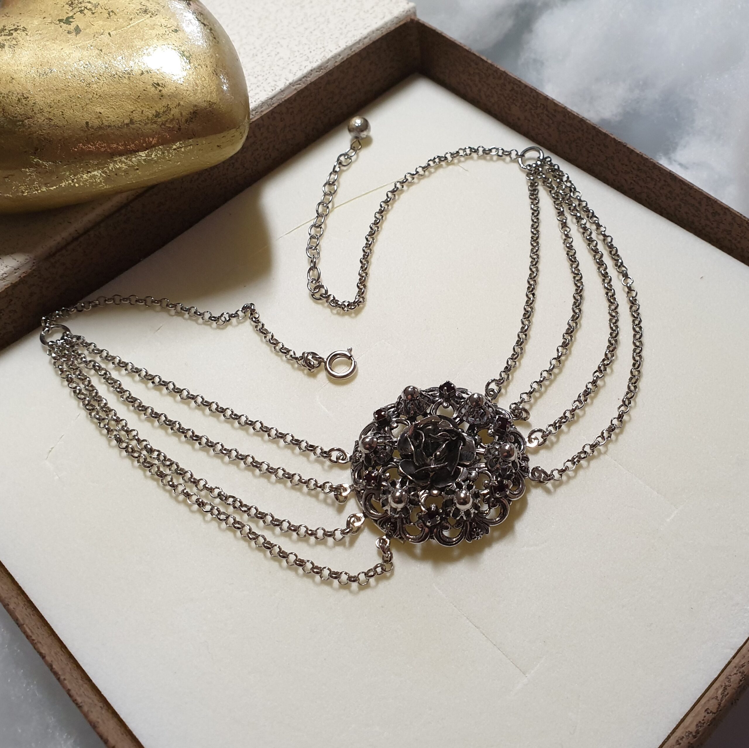 38 - 43 cm Tracht Kropfkette Kette Collier Halskette Silber Kristalle rot Silberschmiede Kunst Vintage SK1415