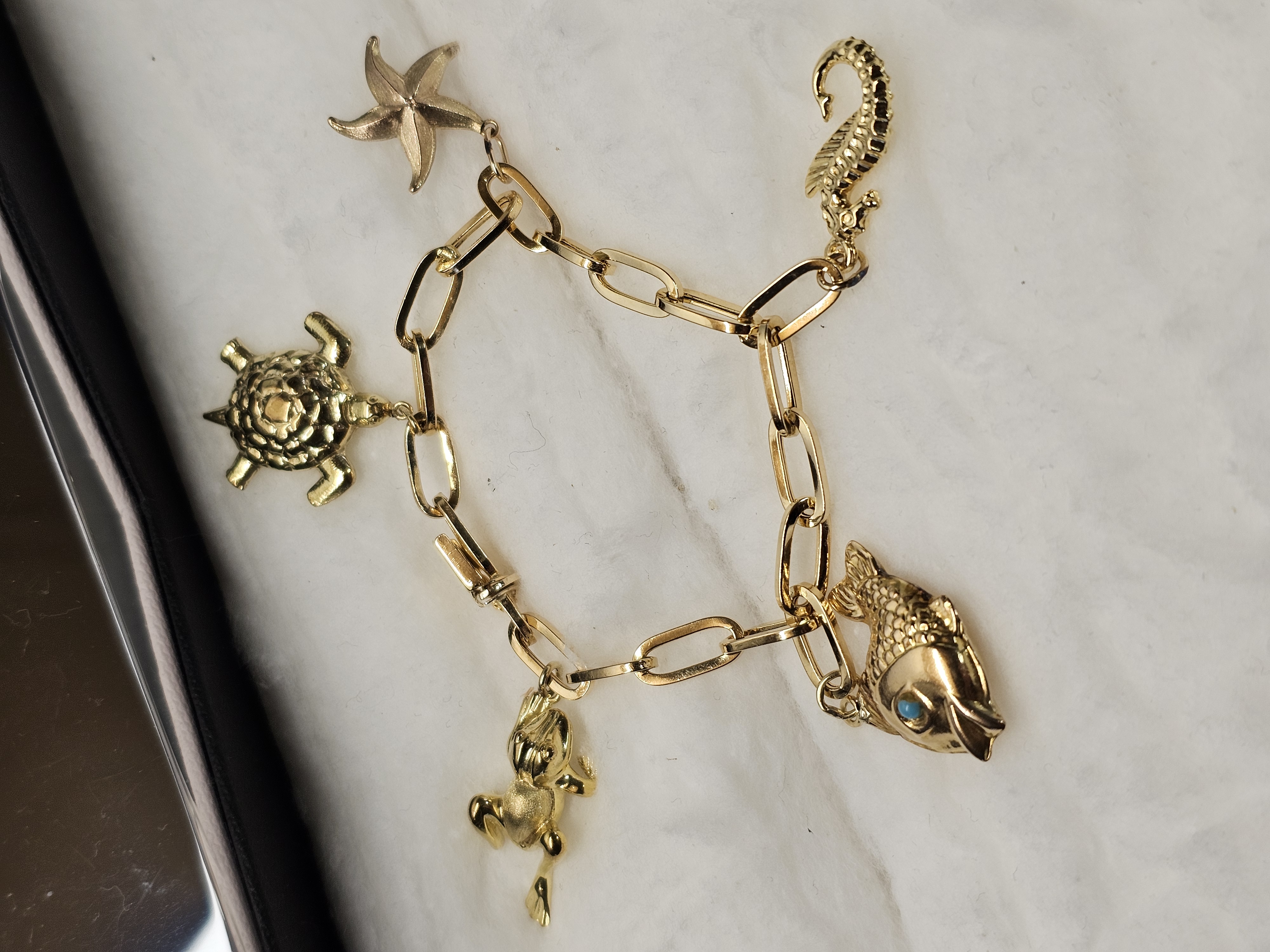 19 cm Armband Gliederarmband Bettelarmband Gold Anhänger Charms Gold Achat Schildkröte Fisch Frosch Seestern Seepferdchen Vintage GA123