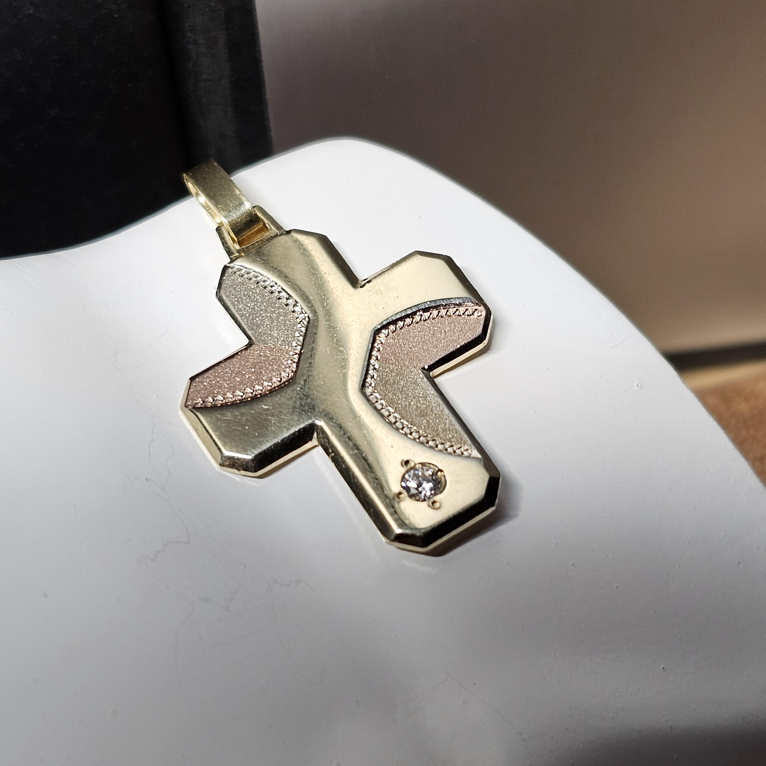 Anhänger Kreuzanhänger  - ohne Kette - Kreuz Gold 585 bicolor Gelbgold Rotgold Kristall klar Design Vintage elegant GAN259