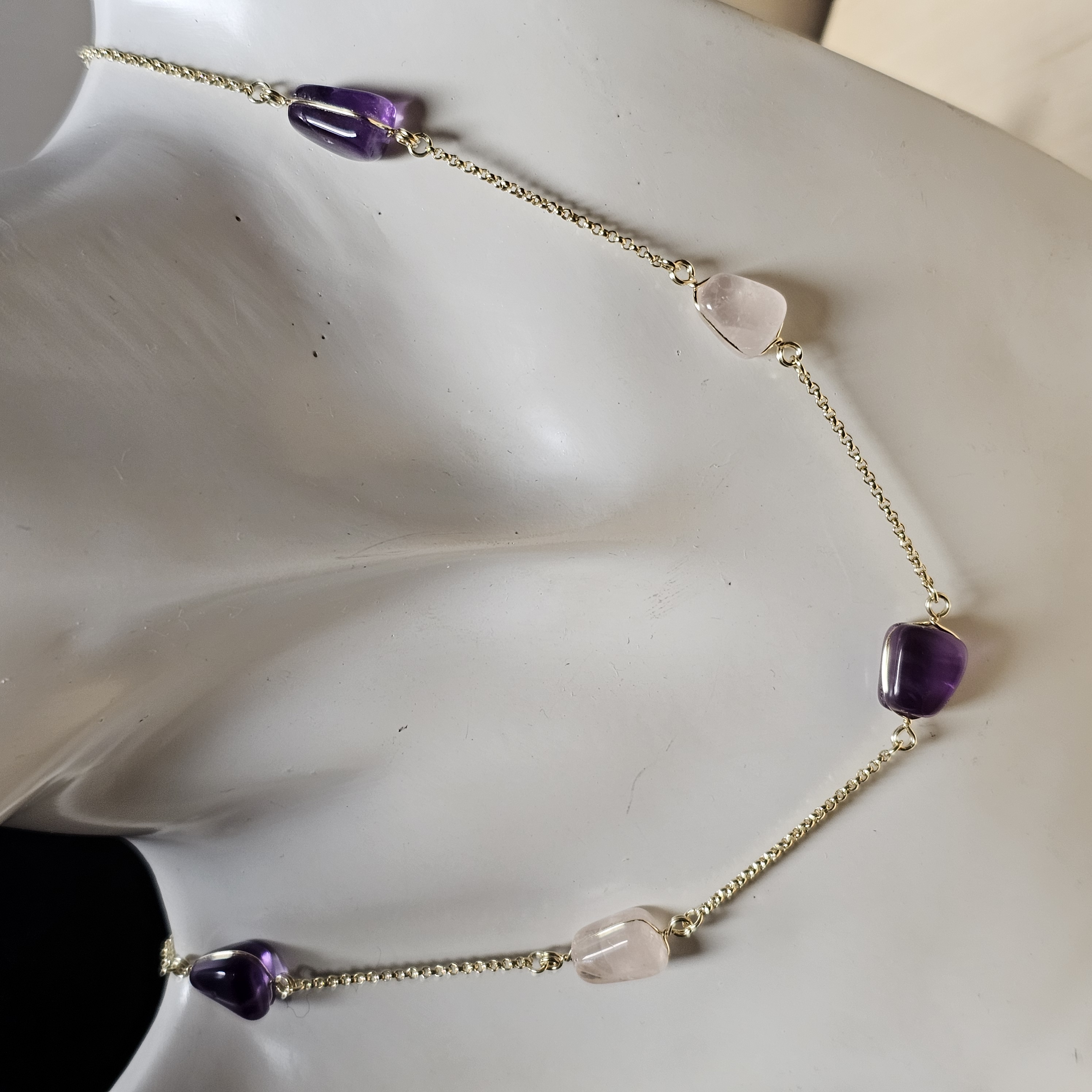 62 cm Kette Gliederkette Rosenquarz & Amethyst American Doublé vergoldet Vintage Design elegant MK116