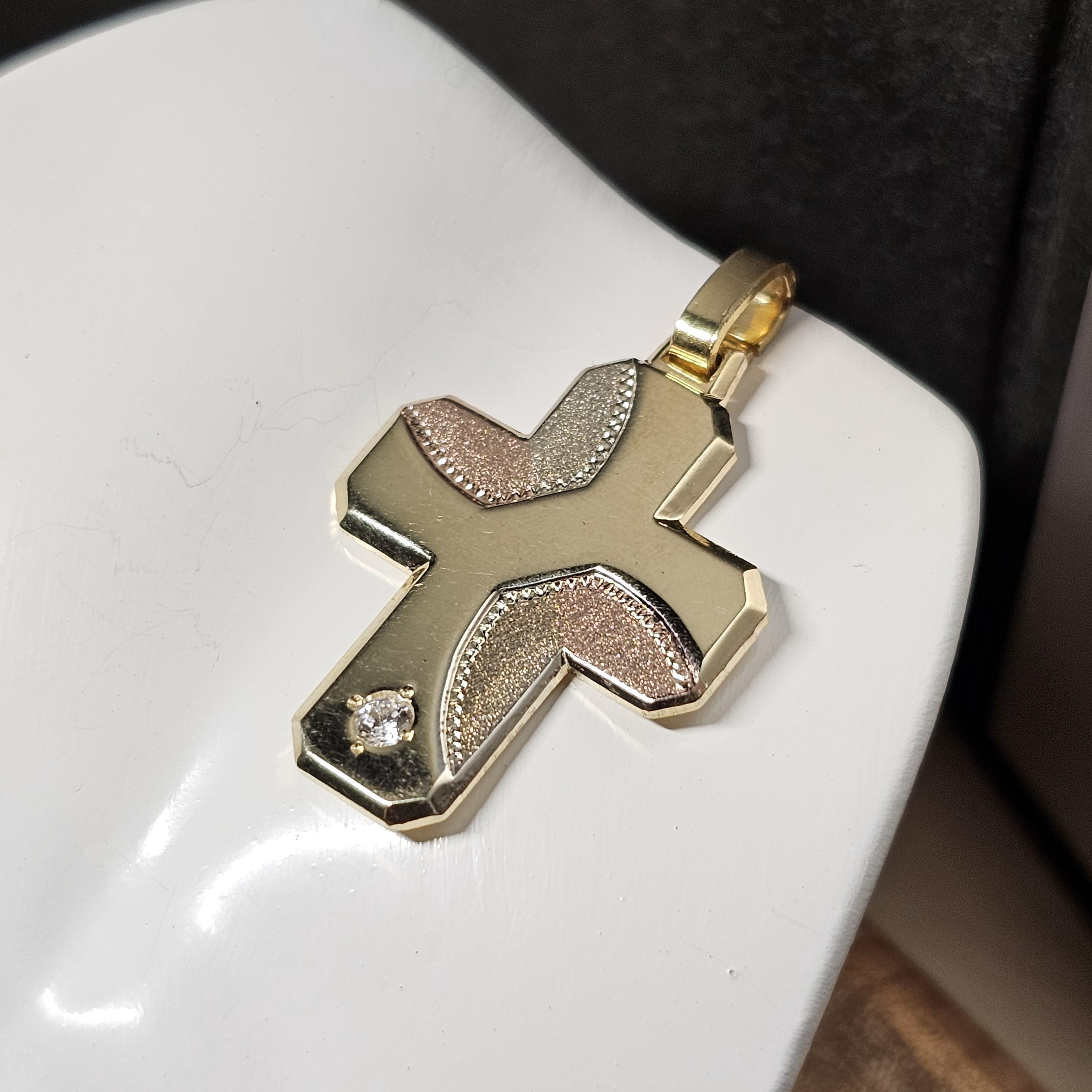 Anhänger Kreuzanhänger  - ohne Kette - Kreuz Gold 585 bicolor Gelbgold Rotgold Kristall klar Design Vintage elegant GAN259