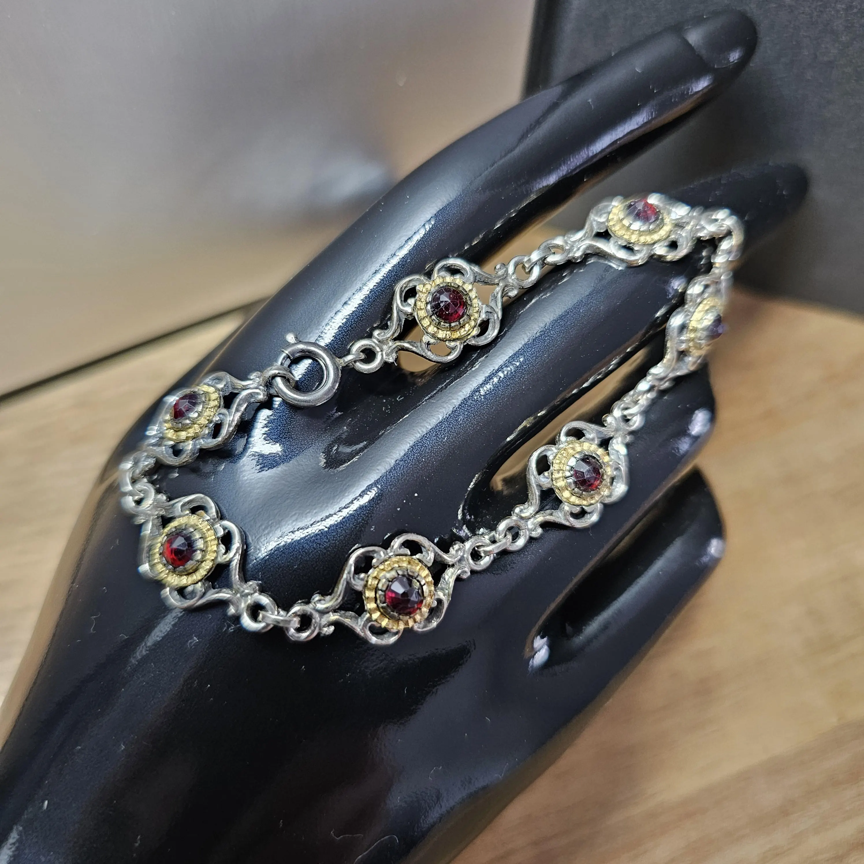 18,5 cm Nostalgisches Armband Gliederarmband Silber 835 teilvergoldet Turmalin himbeerfarben Shabby Vintage kunstvoll selten rar SA571