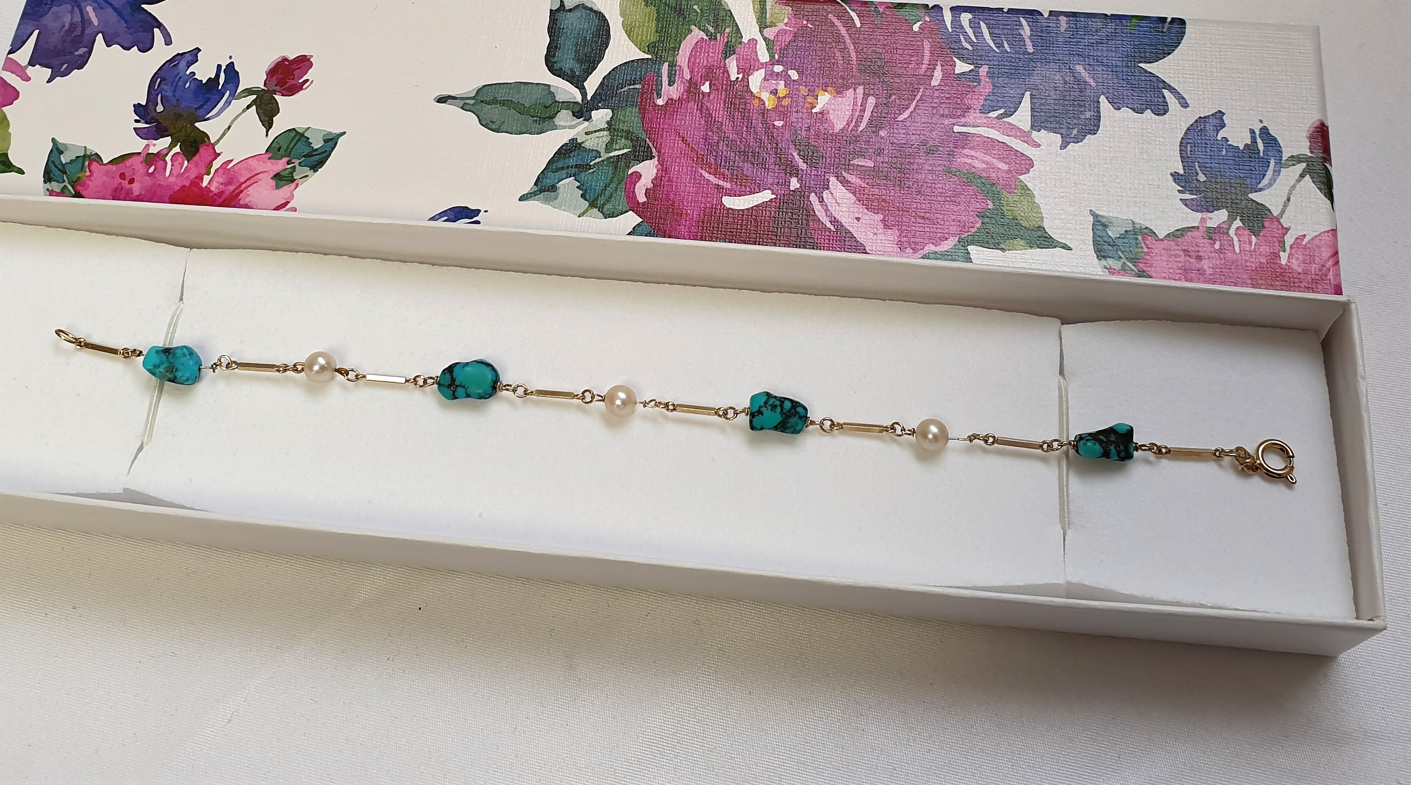 19,5 cm Gliederarmband Armband Gold 333 Türkis Stein & Perlen edles Design Shabby Vintage GA101