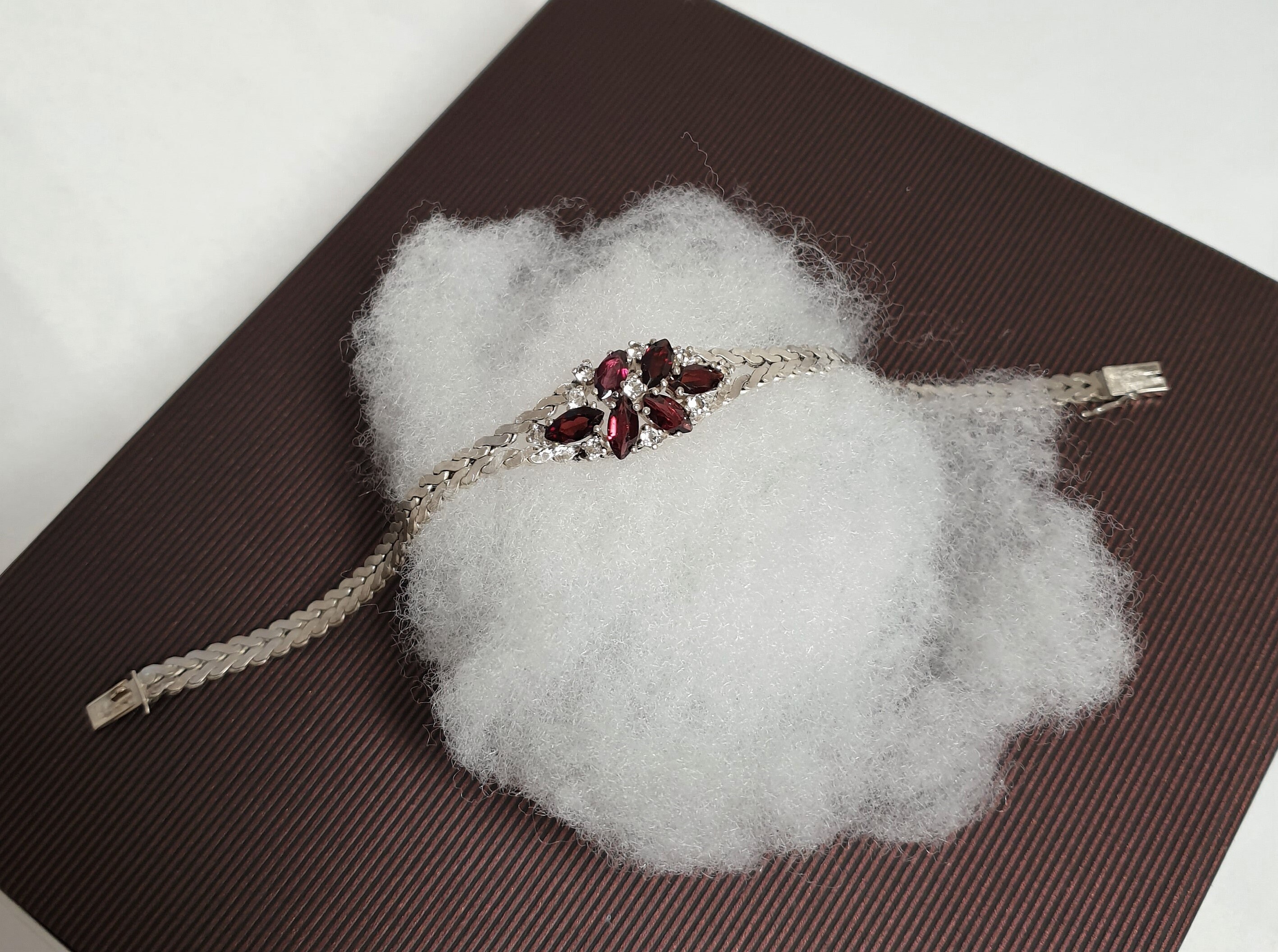 18,5 cm Vintage Schlangenarmband Armband Silber 835 Turmalin rosa rot & Kristalle klar Eleganz SA634