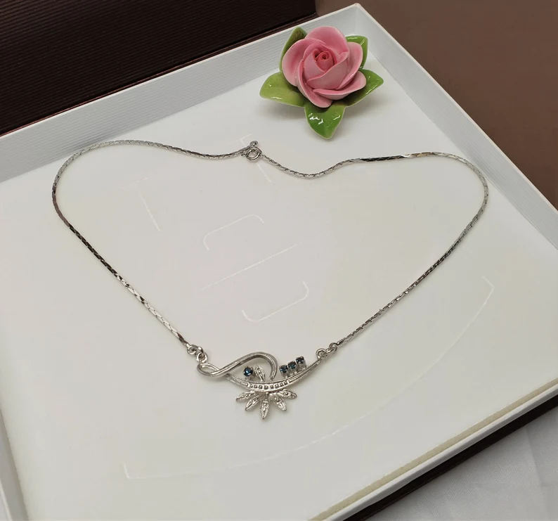 42 cm Nostalgische Schlangenkette Kette Halskette Collier Silber 835 & 4 Stck. Saphire Vintage elegant SK1471
