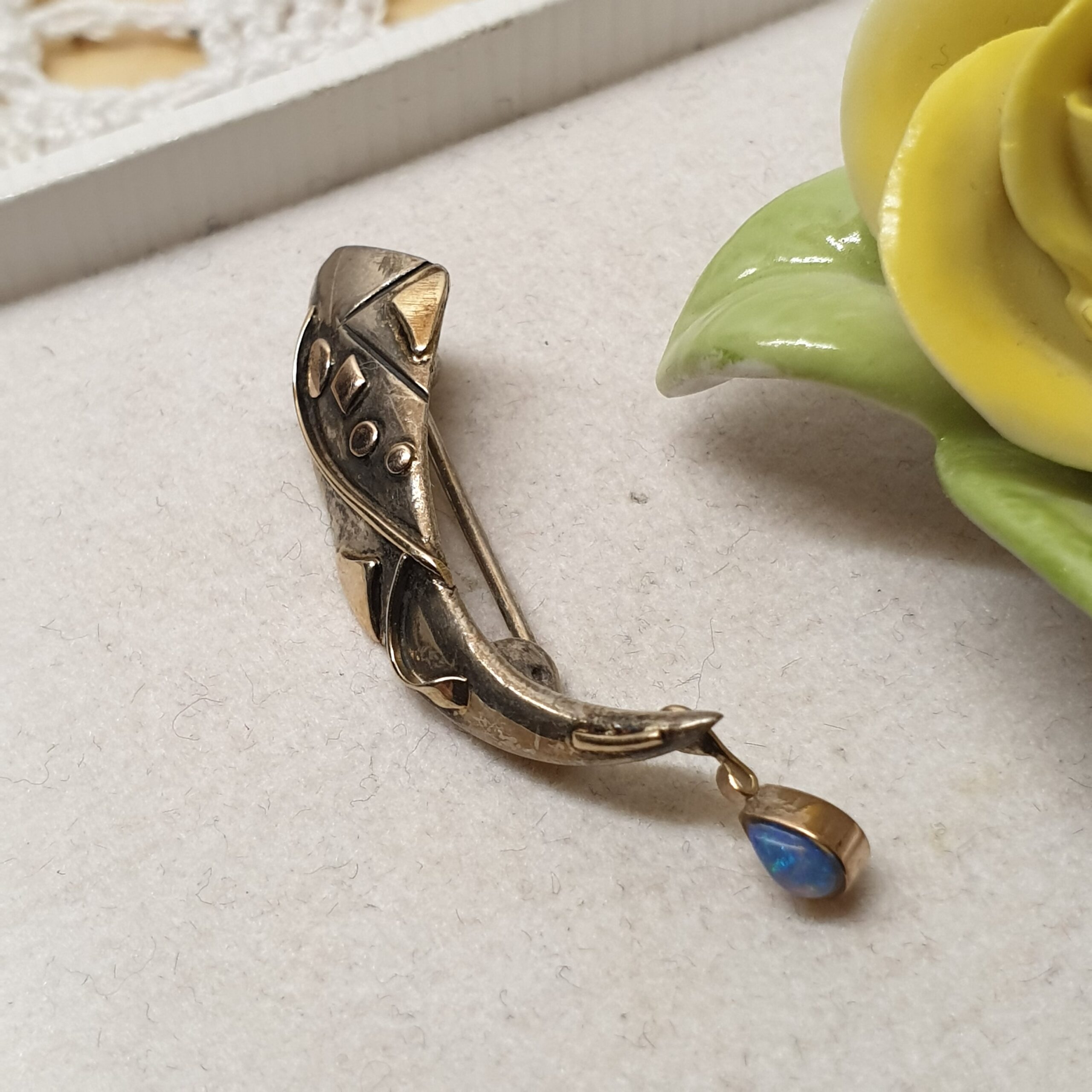 Brosche Anstecknadel Silber 925 teilvergoldet Opal blau Vintage elegant selten rar SB493