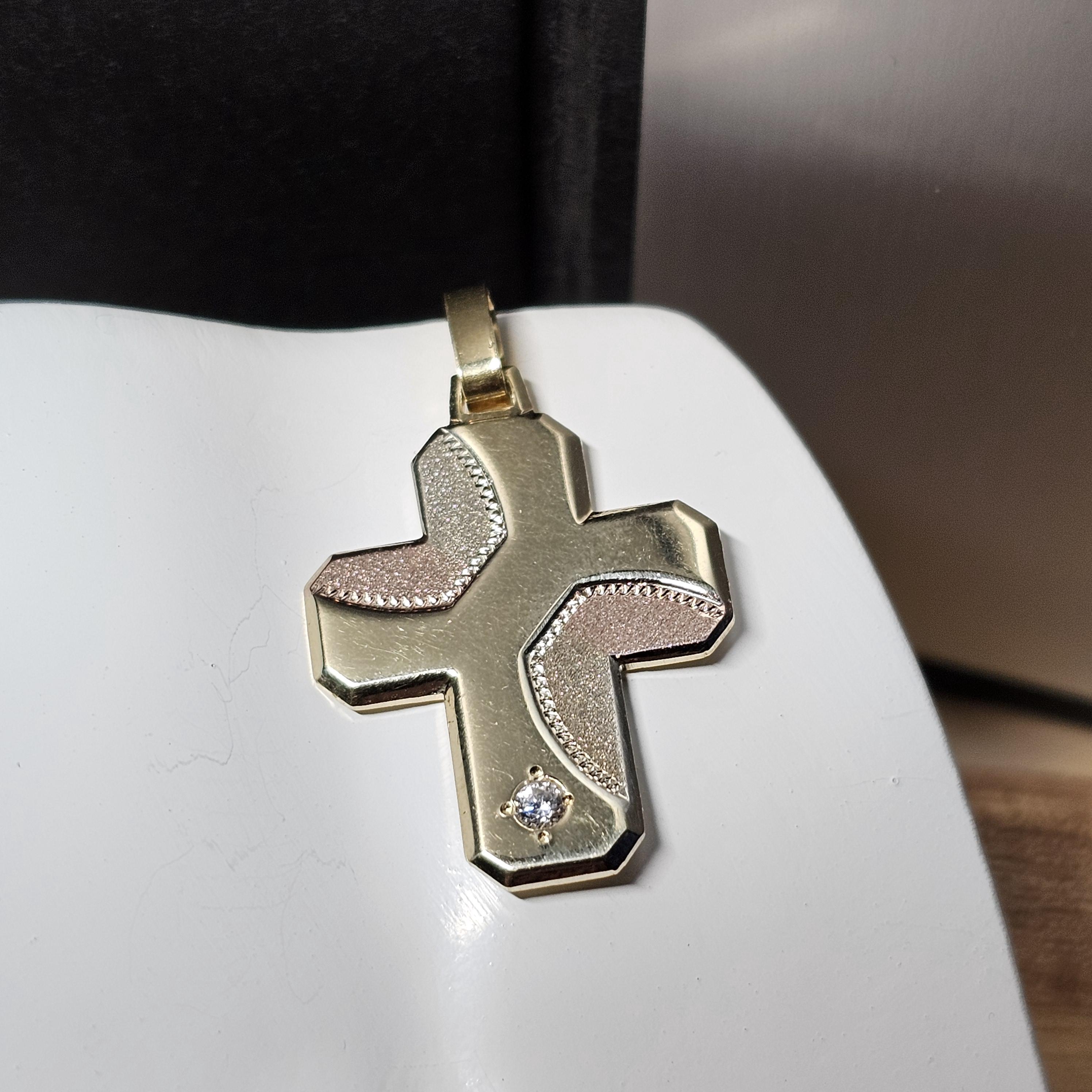 Anhänger Kreuzanhänger  - ohne Kette - Kreuz Gold 585 bicolor Gelbgold Rotgold Kristall klar Design Vintage elegant GAN259