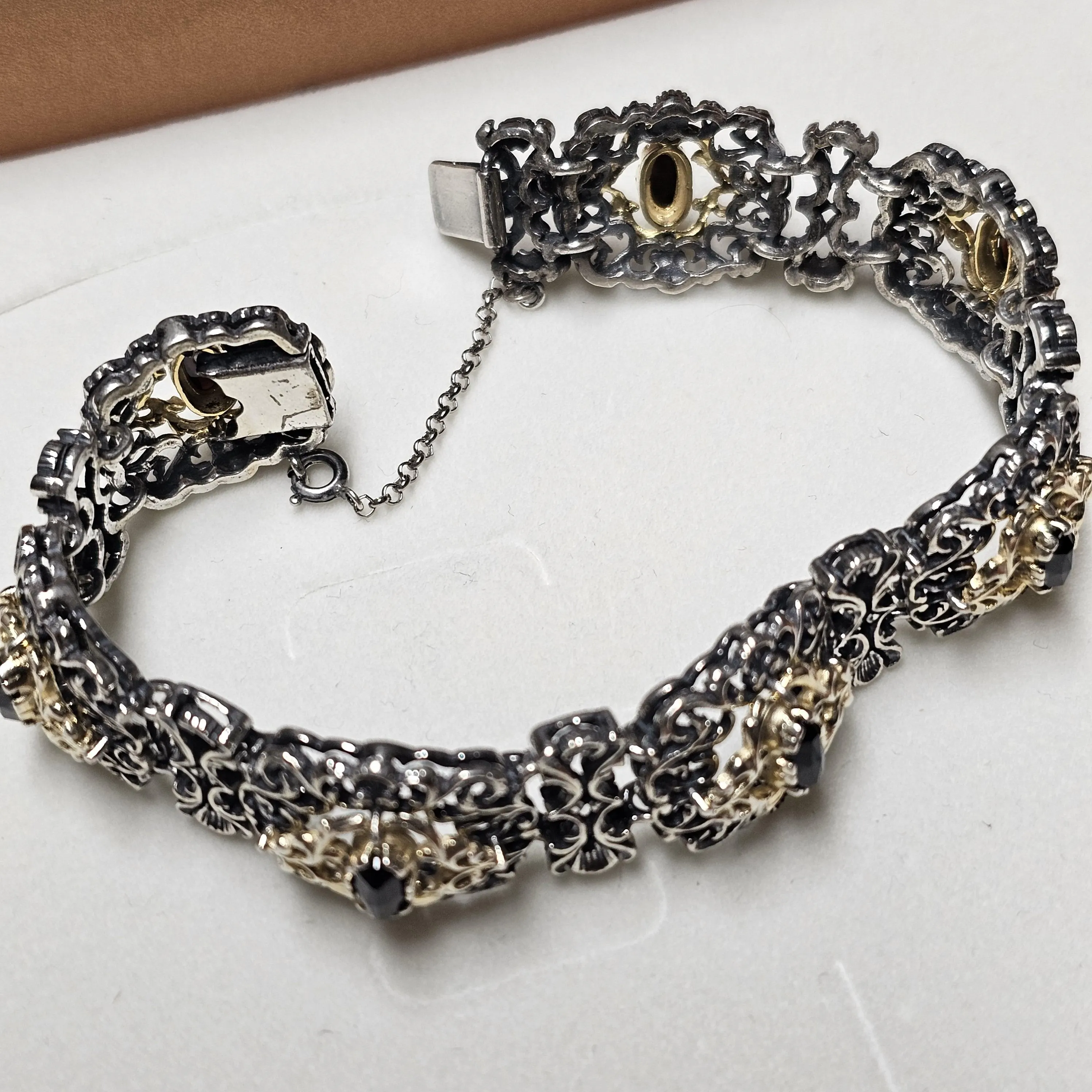 20,5 cm Nostalgisches Vintage Armband Gliederarmband Silber 835 teilvergoldet Granat Shabby Vintage SA324